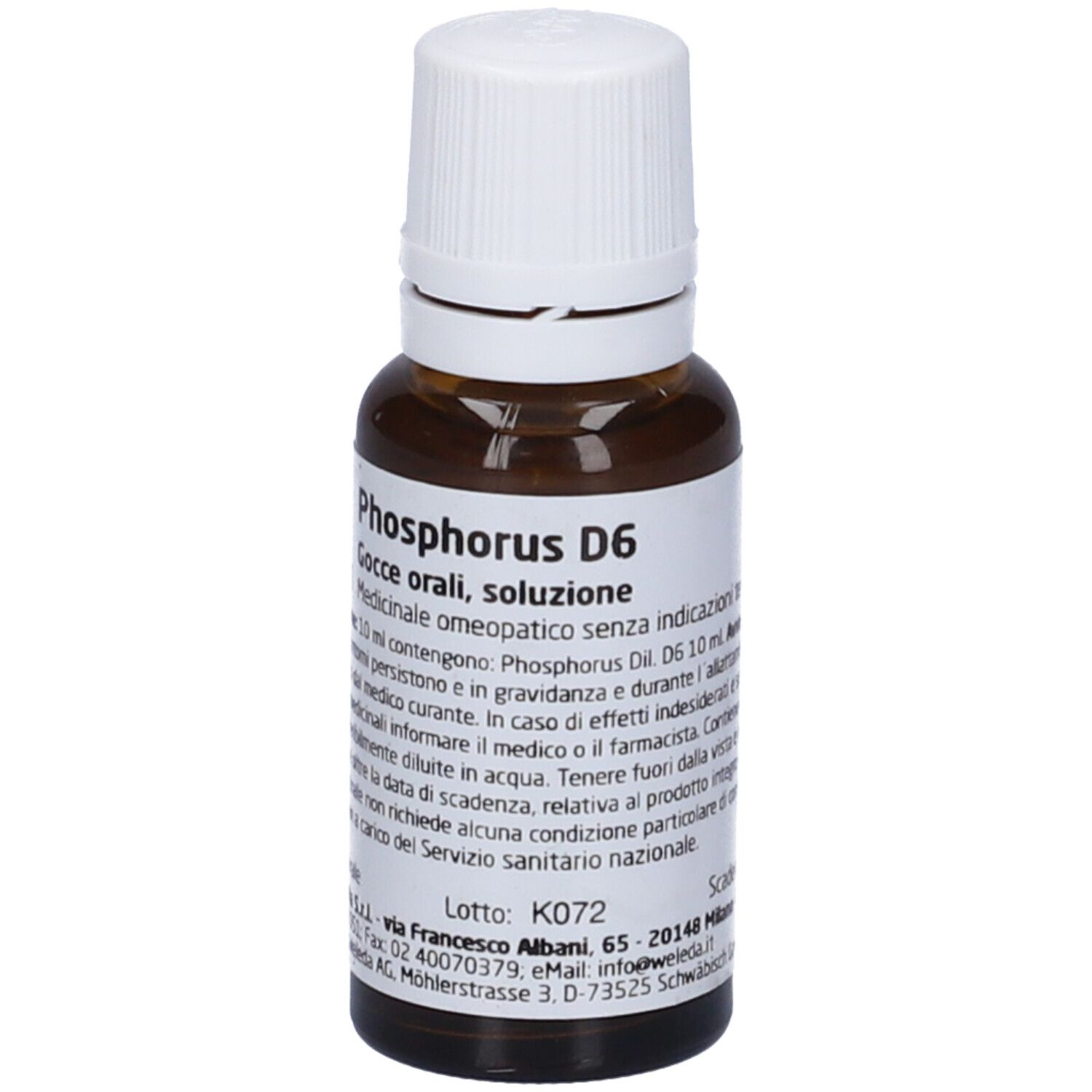 Flacone di vetro marrone con tappo bianco. Scritta: Phosphorus D6, Weleda. Gocce per uso orale.