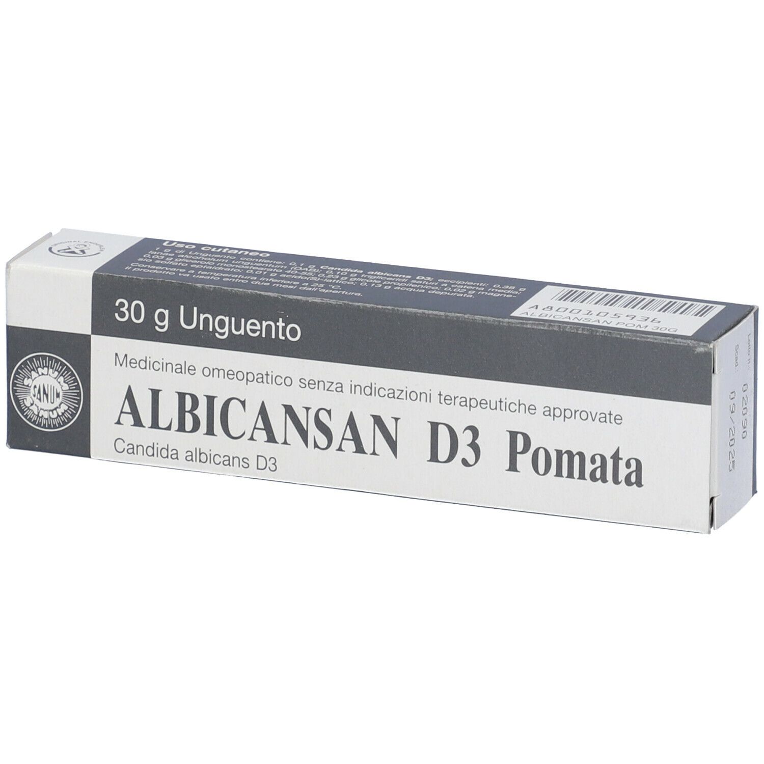 Scatola con nome e designazione del prodotto. Parte superiore grigia, parte inferiore bianca. Testo: ALBICANSAN D3 Pomata.