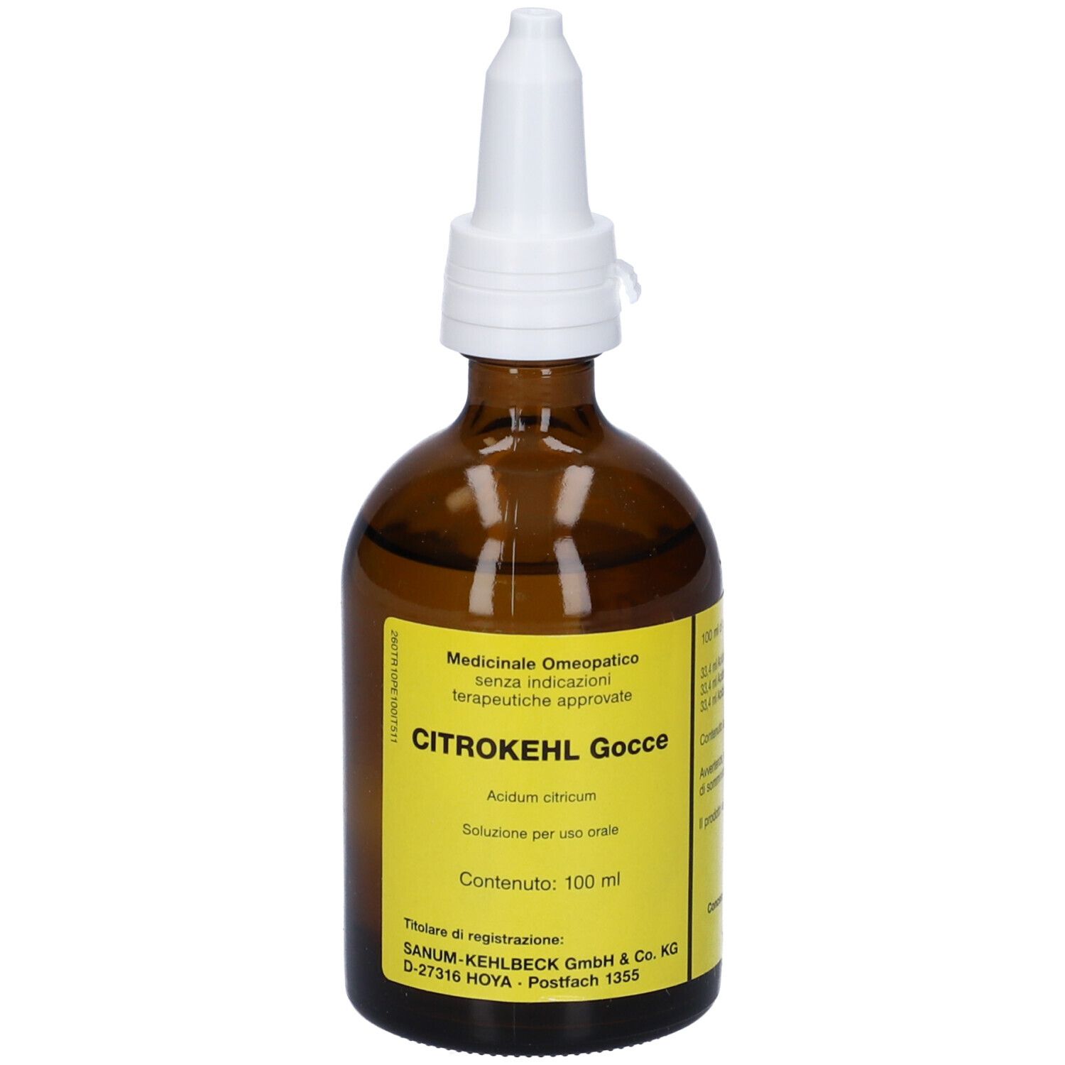 Flacone di vetro marrone con contagocce bianco. Etichetta gialla con testo: Citrokehl Gocce, 100 ml. Prodotto medico.