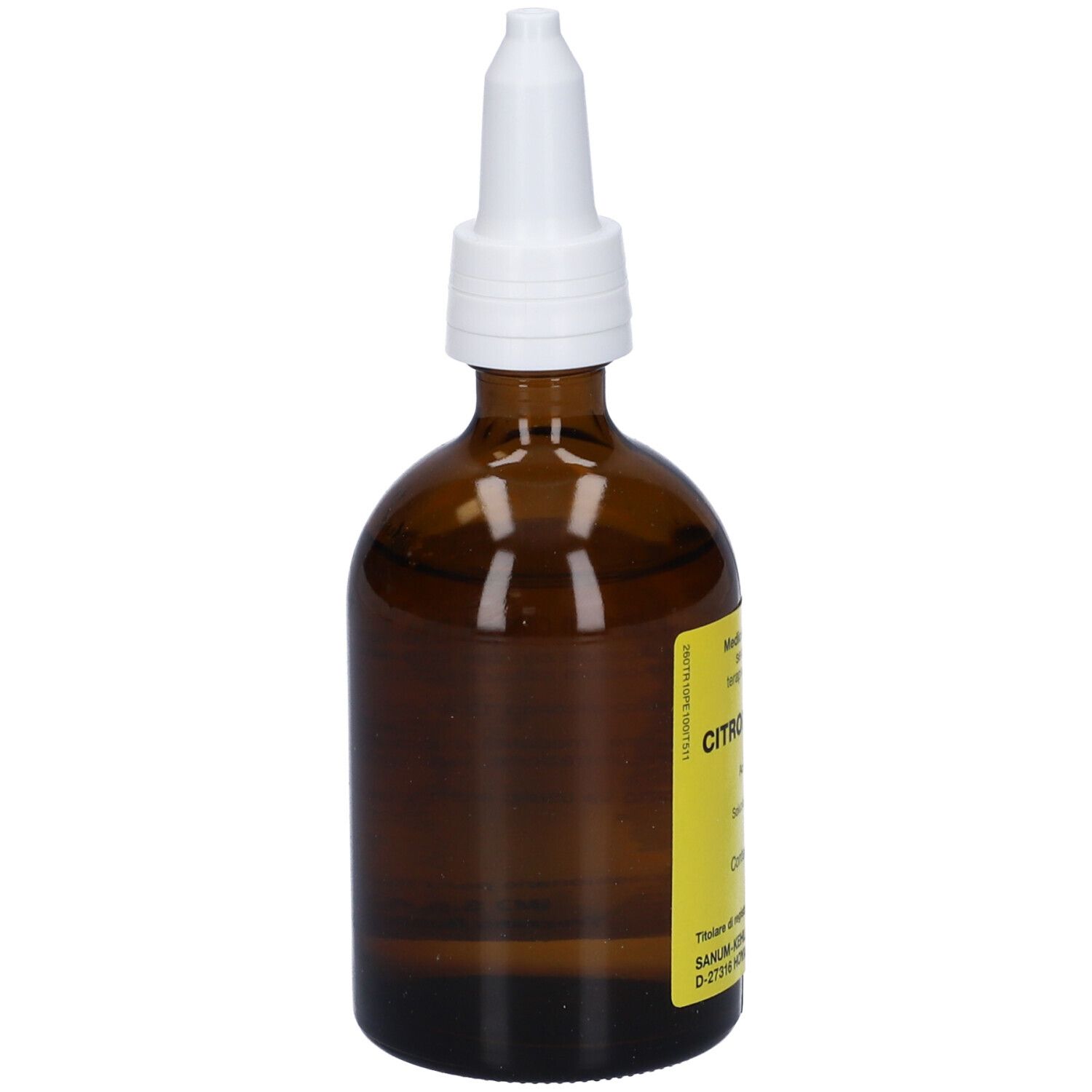 Flacone di vetro marrone con contagocce bianco. Etichetta gialla con testo. Prodotto medico.