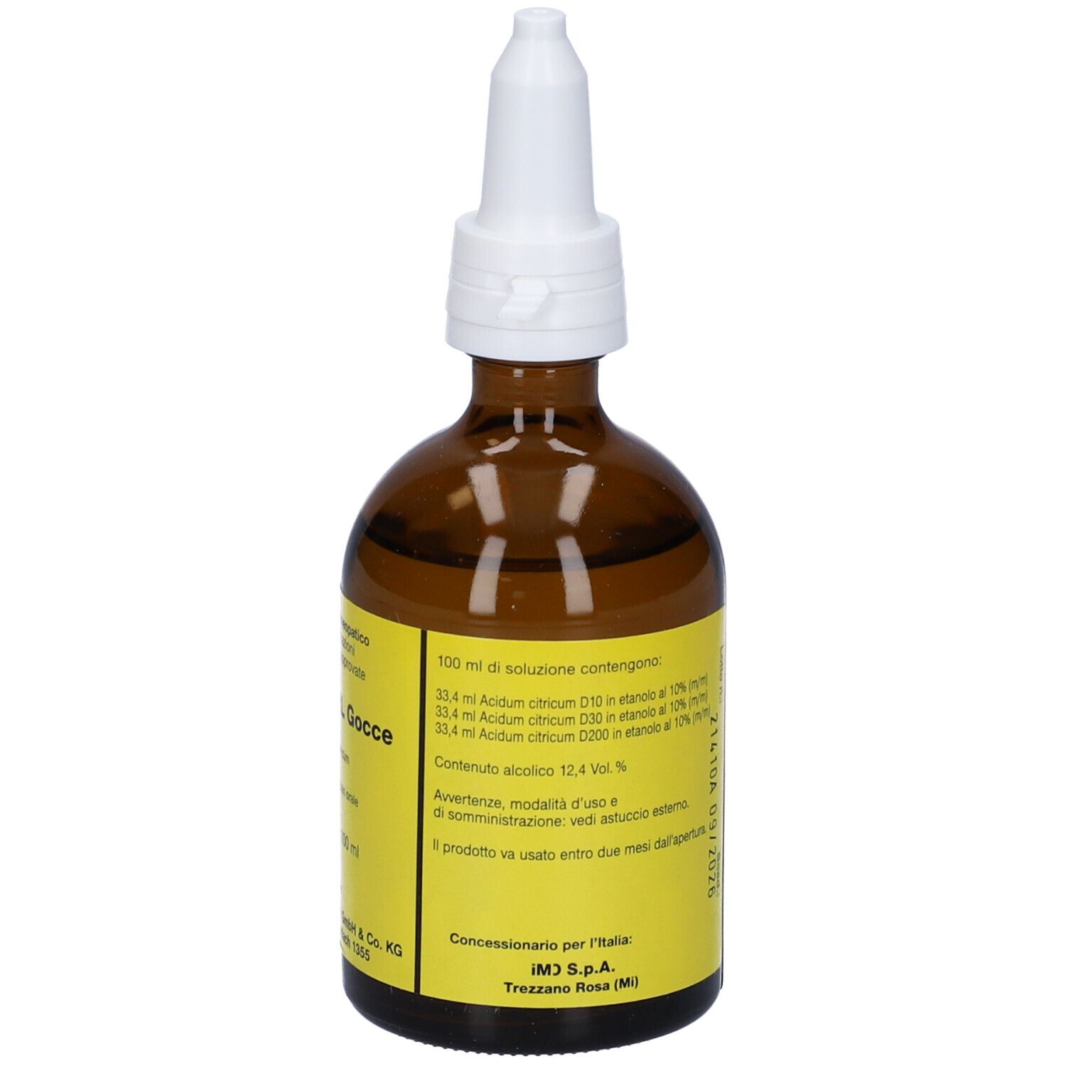 Flacone di vetro marrone con contagocce bianco. Etichetta gialla con testo. Prodotto medico.