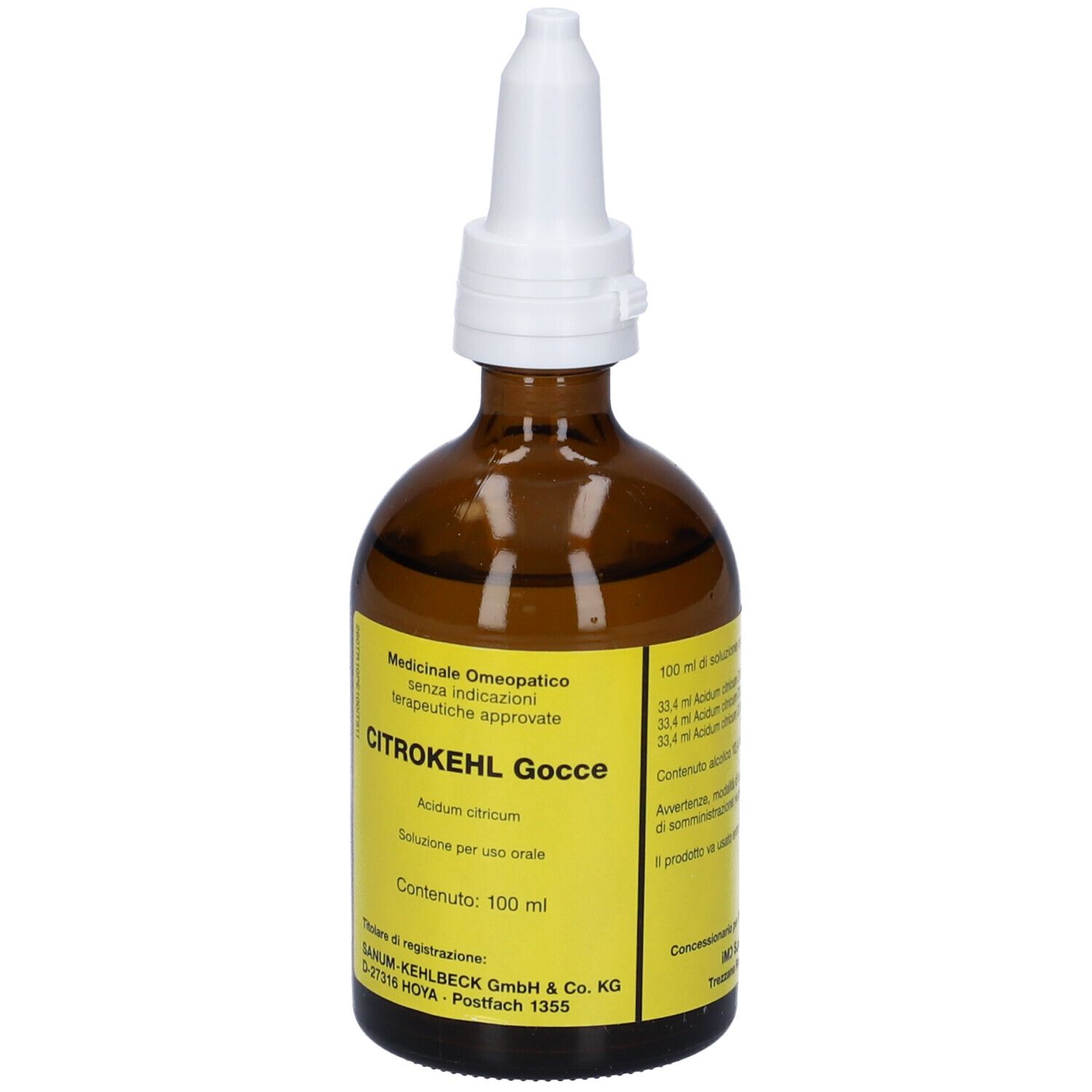 Flacone di vetro marrone con contagocce bianco. Etichetta gialla con testo: Citrokehl Gocce, 100 ml. Prodotto medico.