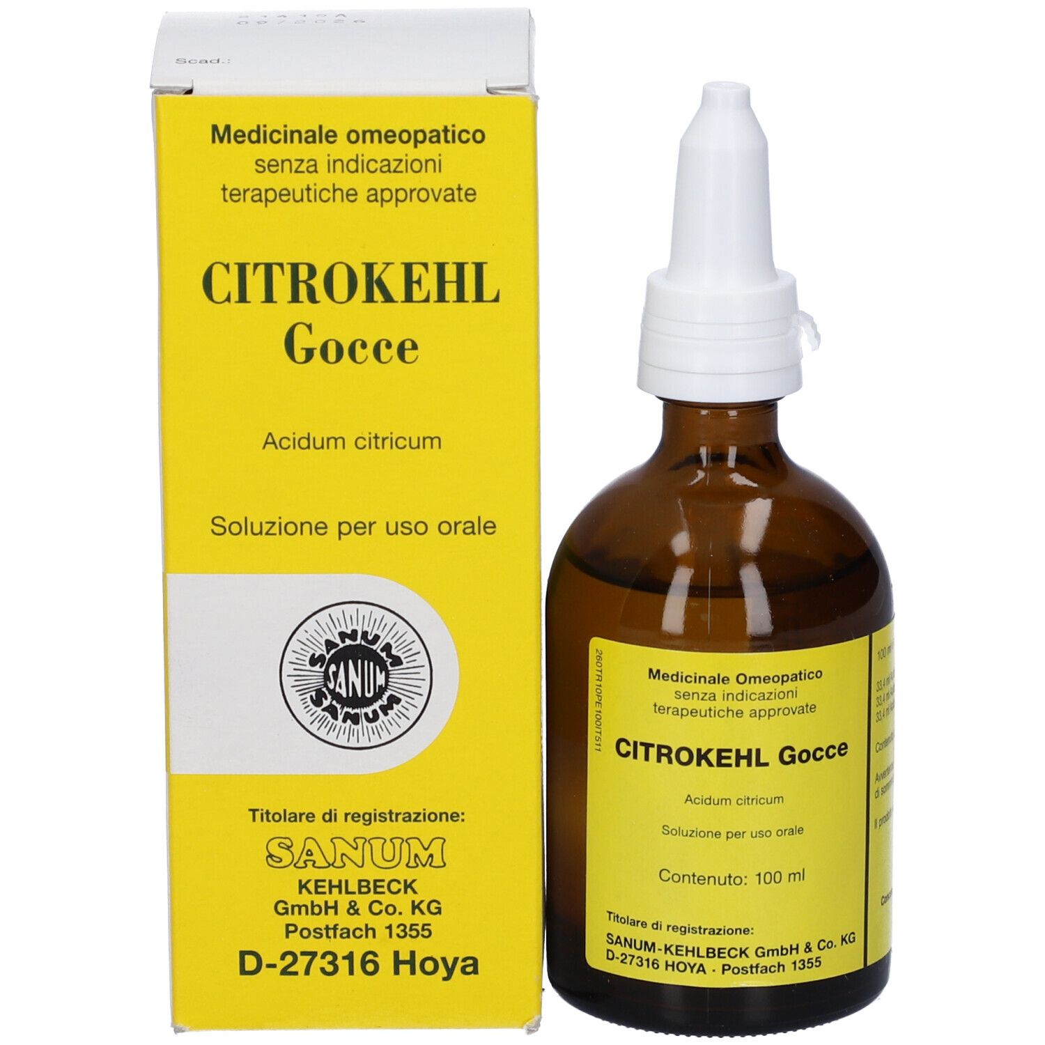 Flacone e scatola gialla. Sulla scatola: Citrokehl Gocce, logo Sanum. Prodotto medico.