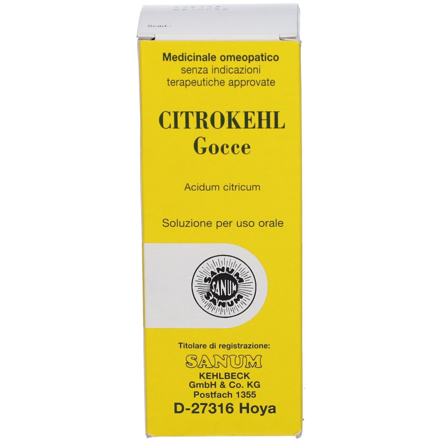 Scatola gialla con testo: Citrokehl Gocce, logo Sanum. Prodotto medico.