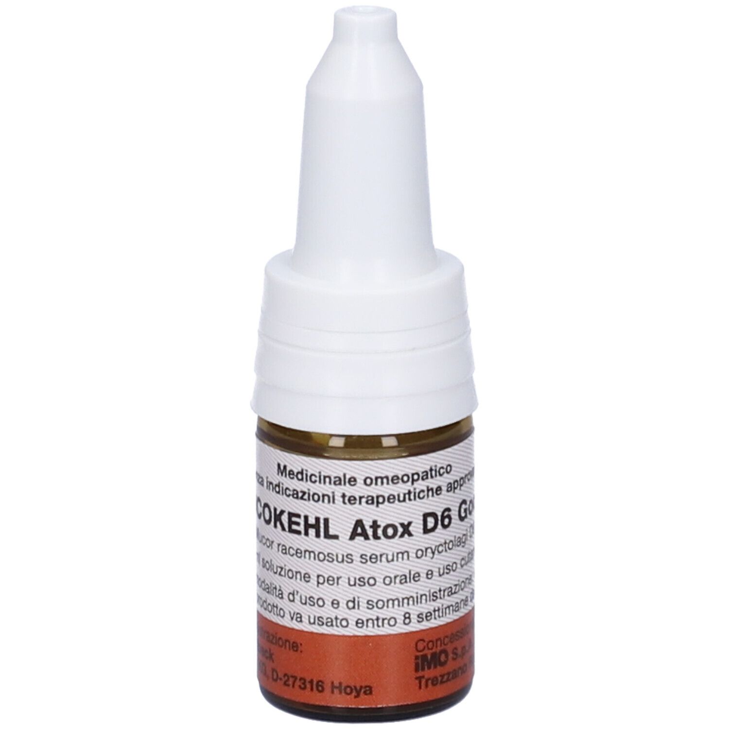 Flacone di vetro marrone con tappo bianco. Scritta: COKEHL Atox D6 Gocce. Prodotto medico.