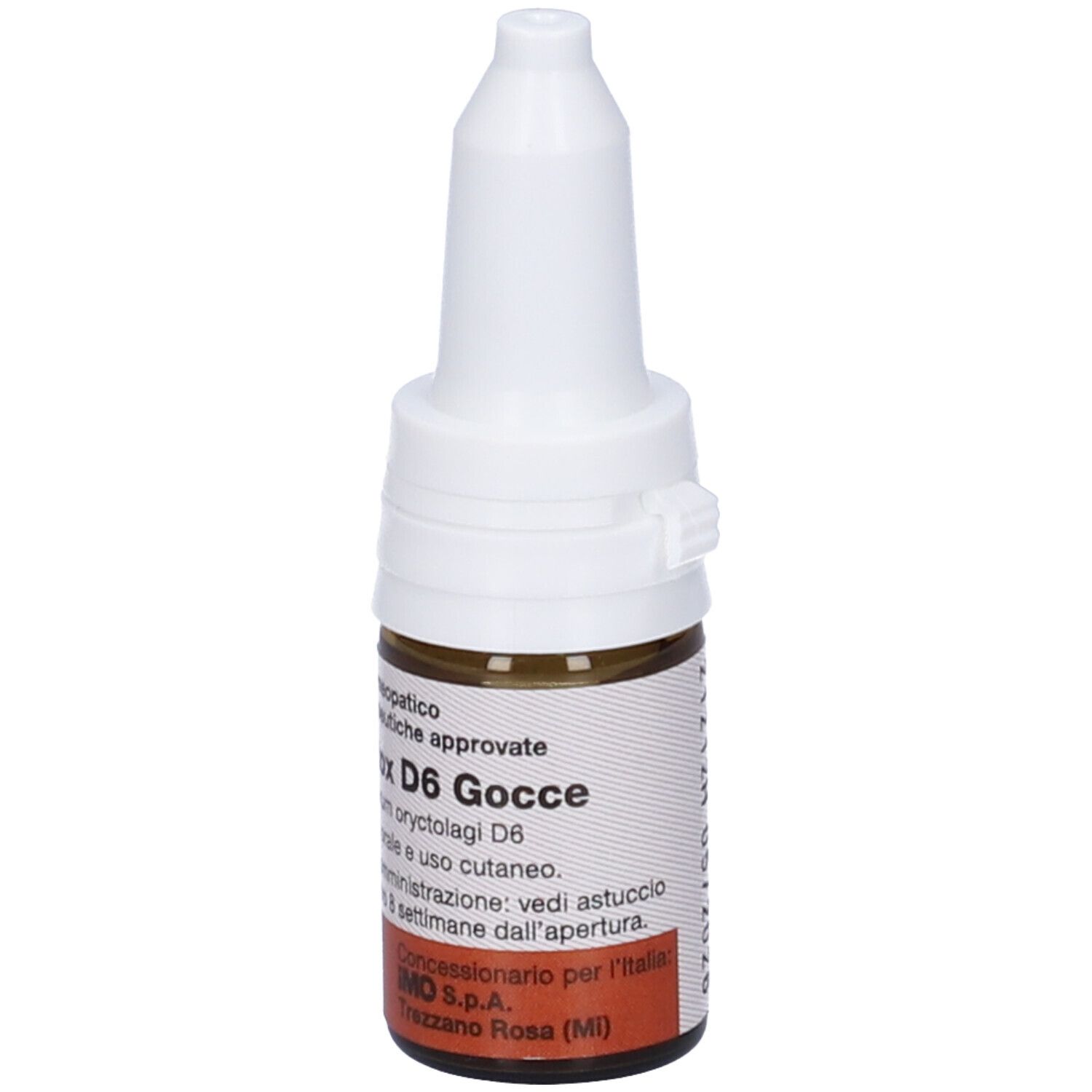 Flacone di vetro marrone con tappo bianco. Scritta: Atox D6 Gocce. Prodotto medico.