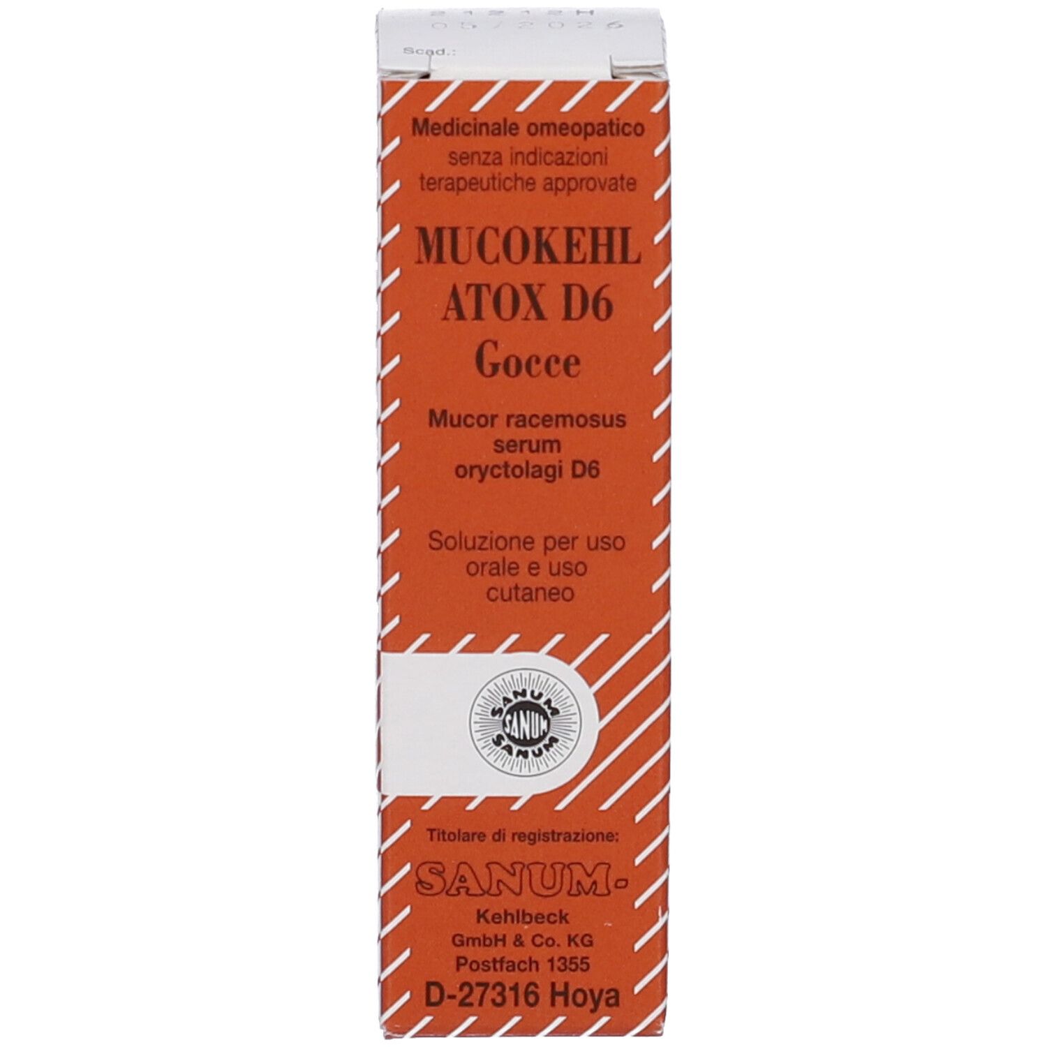Confezione del prodotto. Scritta: MUCOKEHL ATOX D6 Gocce. Prodotto medico.
