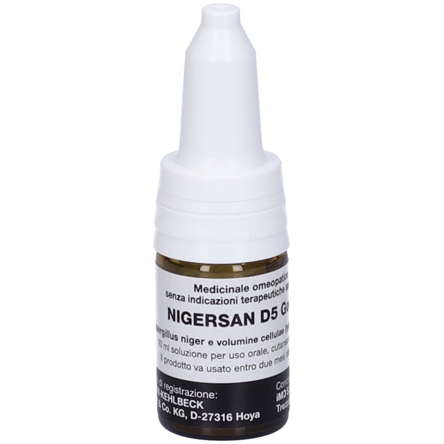 Flacone di vetro marrone con tappo bianco. Scritta: Nigersan D5 Gocce. Prodotto medico.