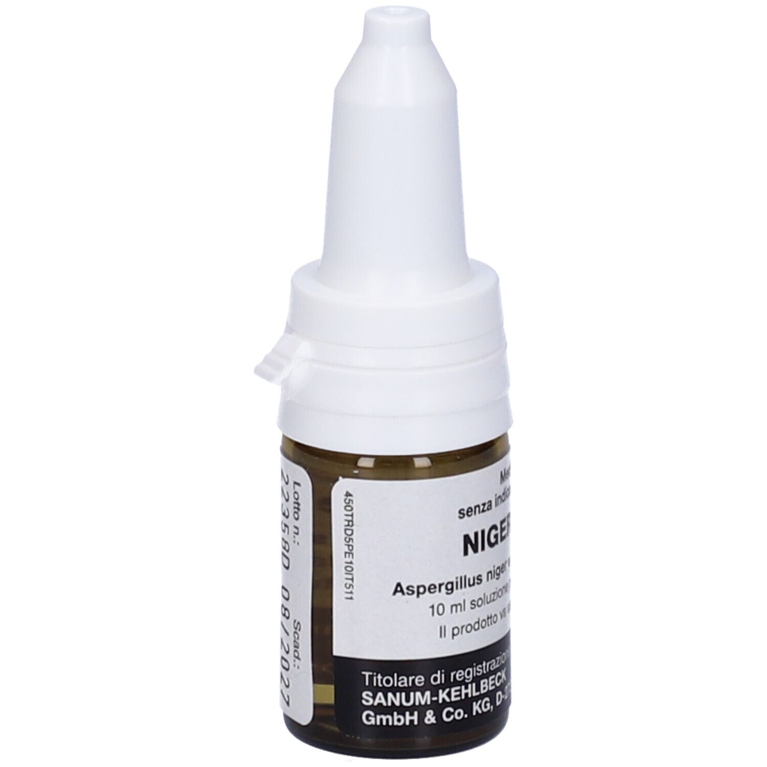 Flacone di vetro marrone con tappo bianco. Scritta: Nigersan D5 Gocce. Soluzione 10 ml. Prodotto medico.