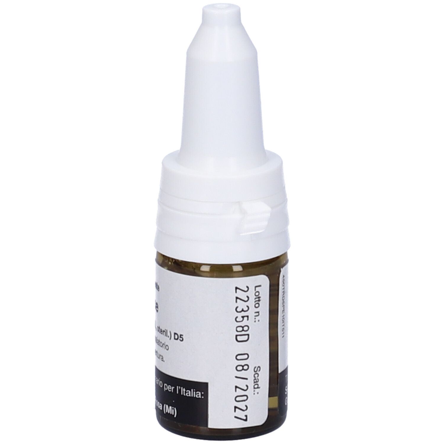 Flacone di vetro marrone con tappo bianco. Scritta: Nigersan D5 Gocce. Scadenza 08/2027. Prodotto medico.