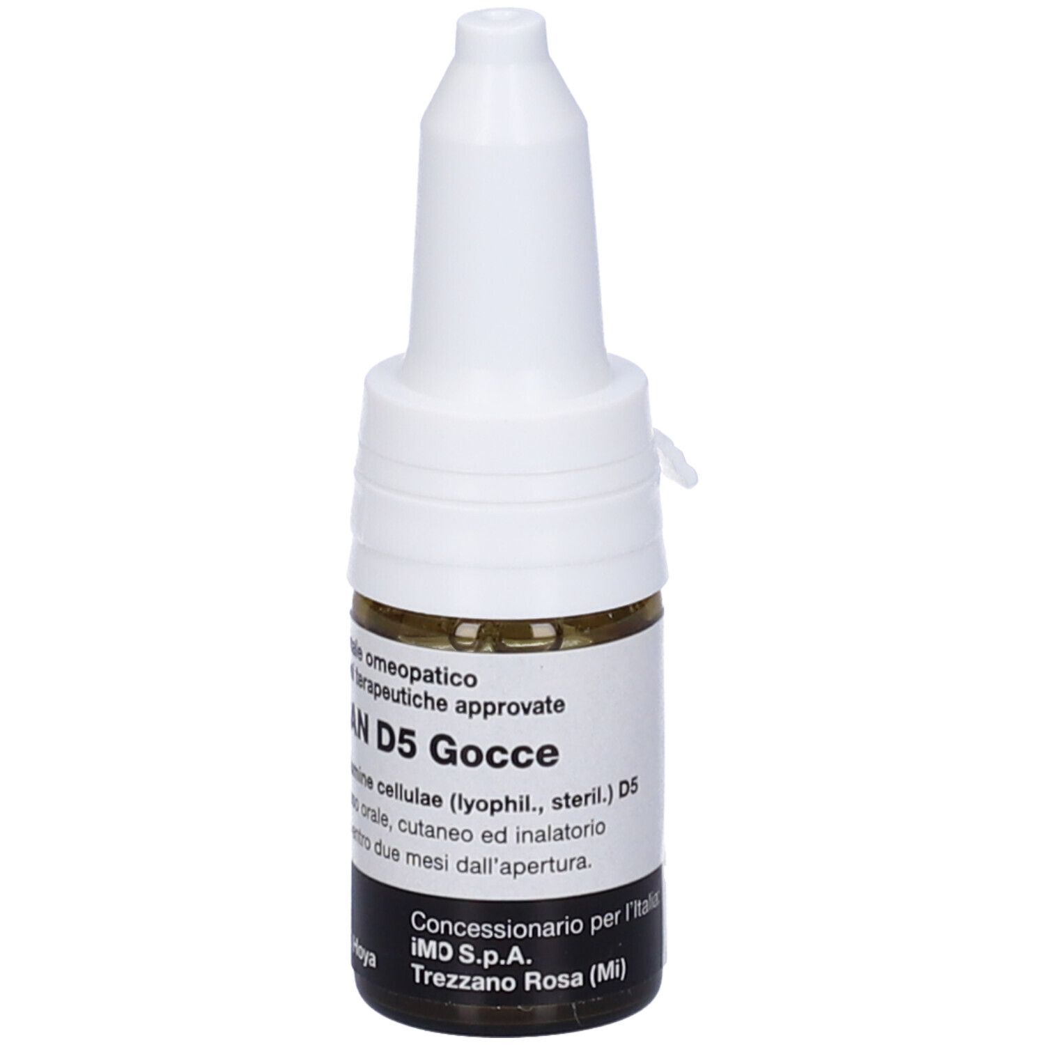 Flacone di vetro marrone con tappo bianco. Scritta: Nigersan D5 Gocce. Prodotto medico.