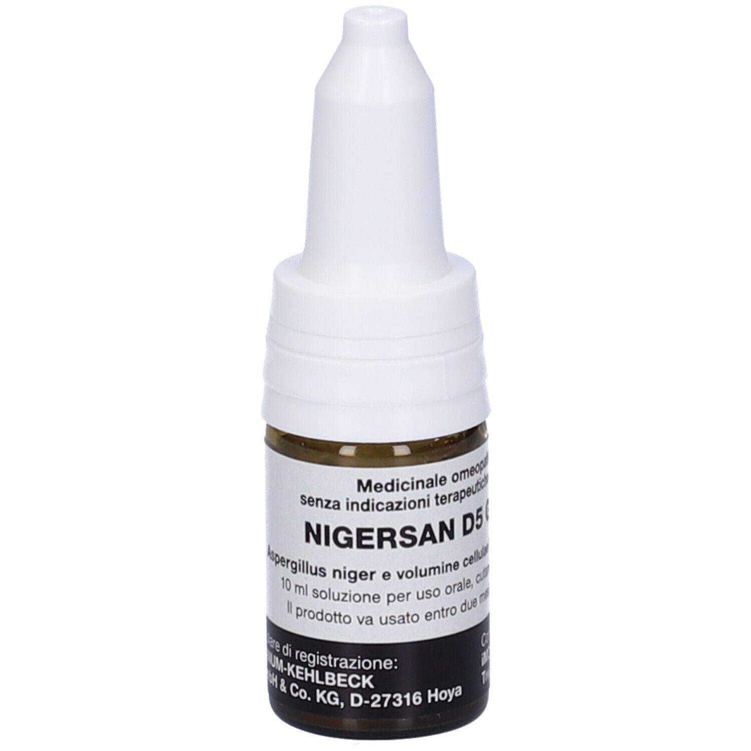 Flacone di vetro marrone con tappo bianco. Scritta: Nigersan D5 Gocce. Prodotto medico.