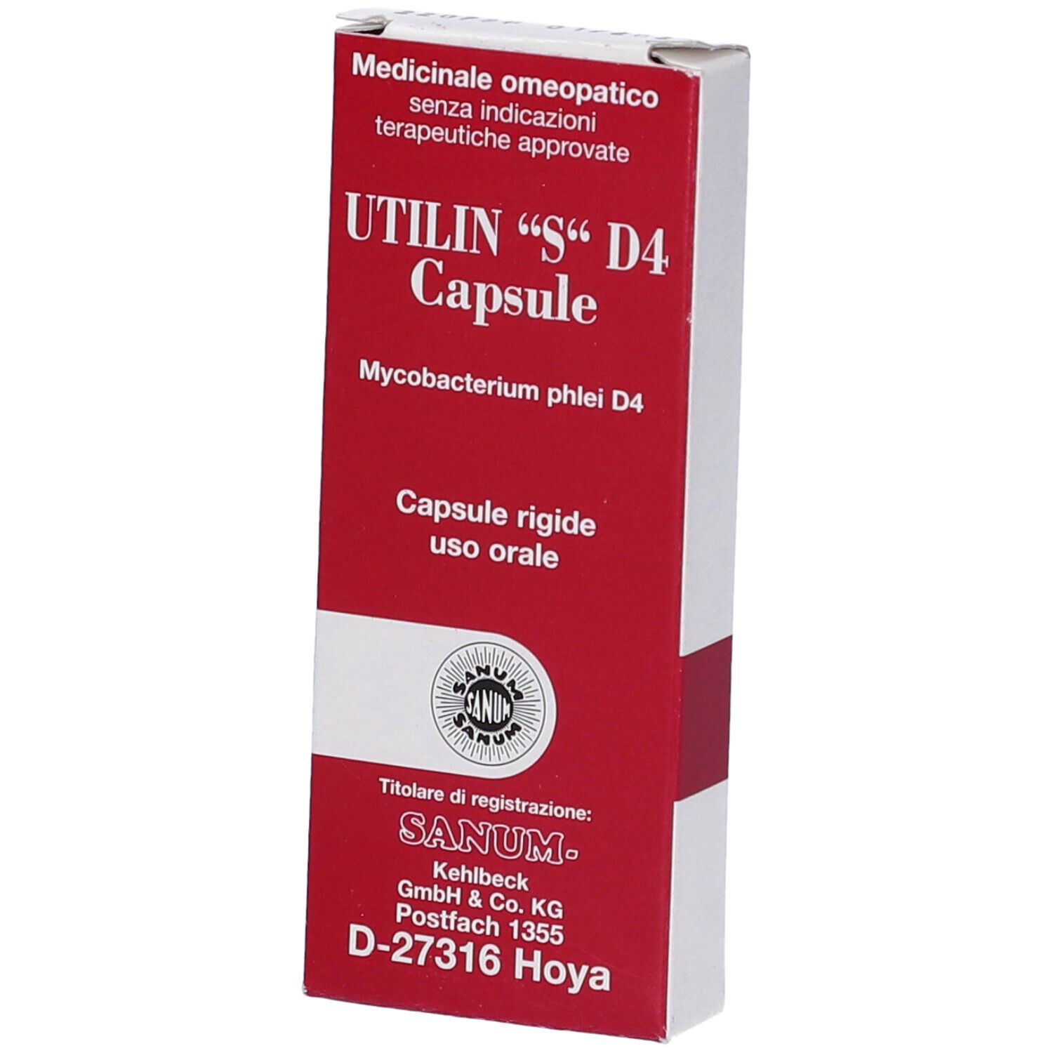 Scatola rossa e bianca con scritta "UTILIN S D4 Capsule". Logo Sanum e testo.