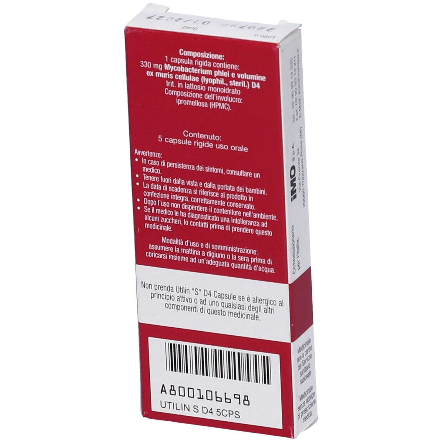 Scatola rossa e bianca con testo. Contiene 5 capsule. Testo: "UTILIN S D4 CPS".