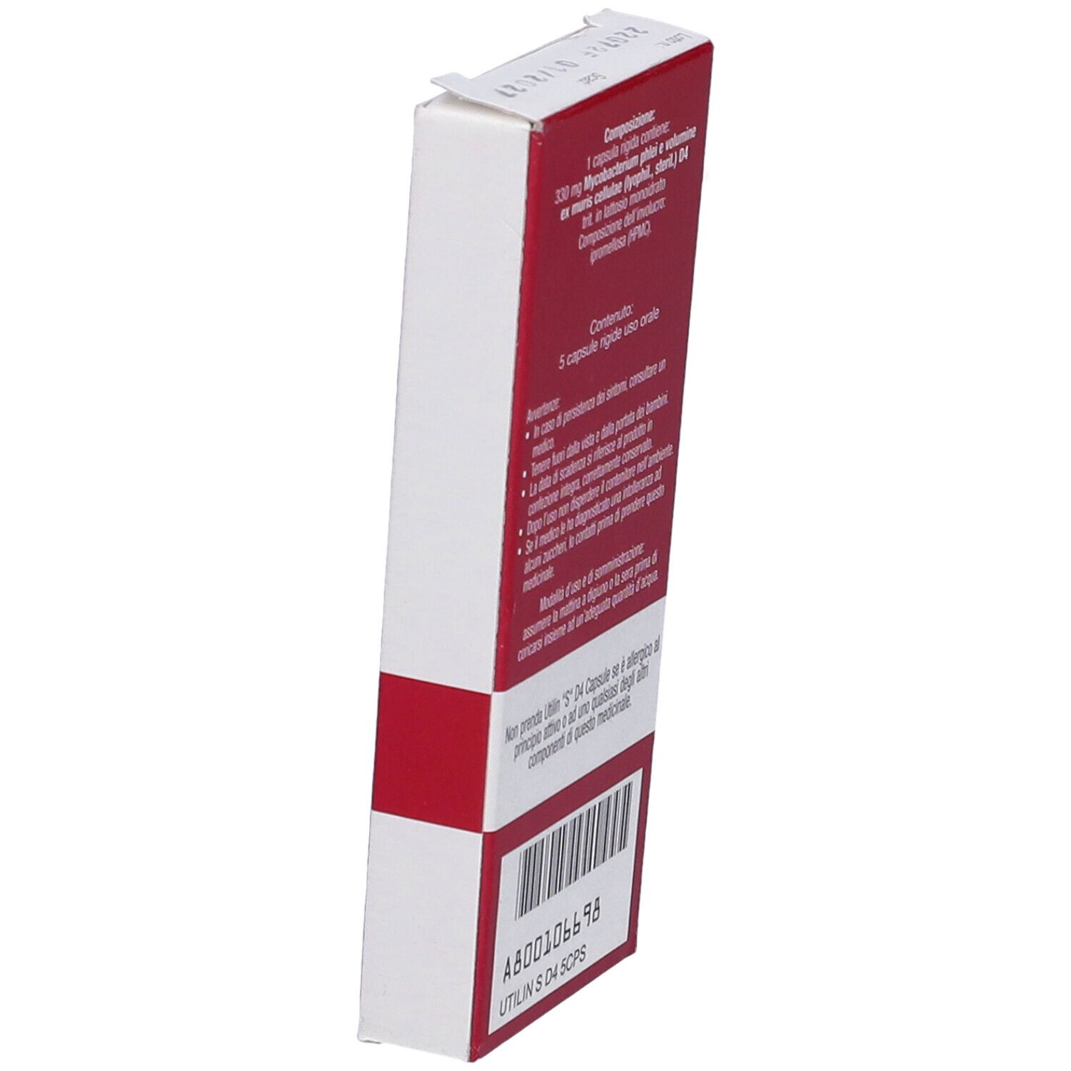 Scatola rossa e bianca con testo. Contiene 5 capsule. Testo: "UTILIN S D4 CPS".