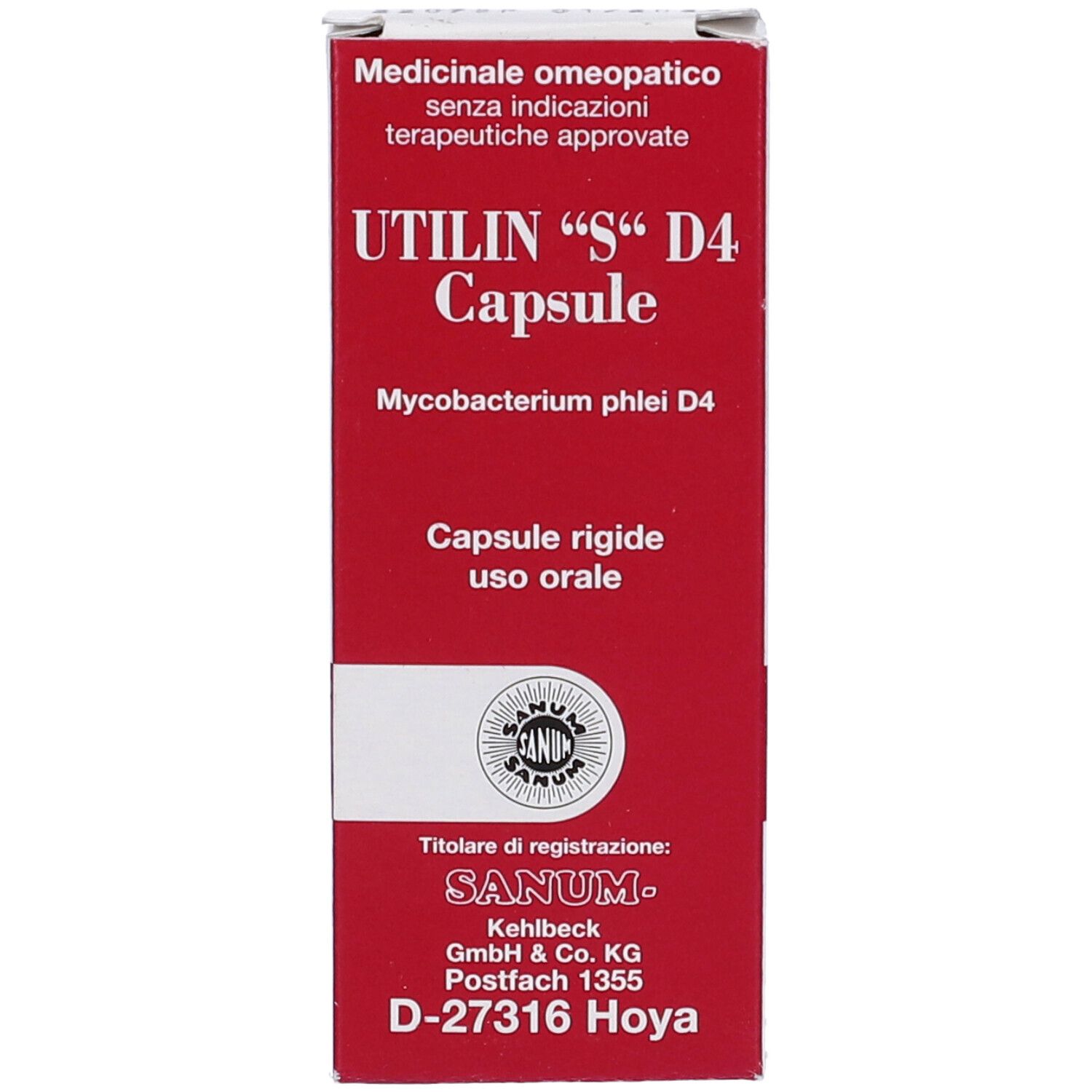 Scatola rossa e bianca con scritta "UTILIN S D4 Capsule". Logo Sanum e testo.