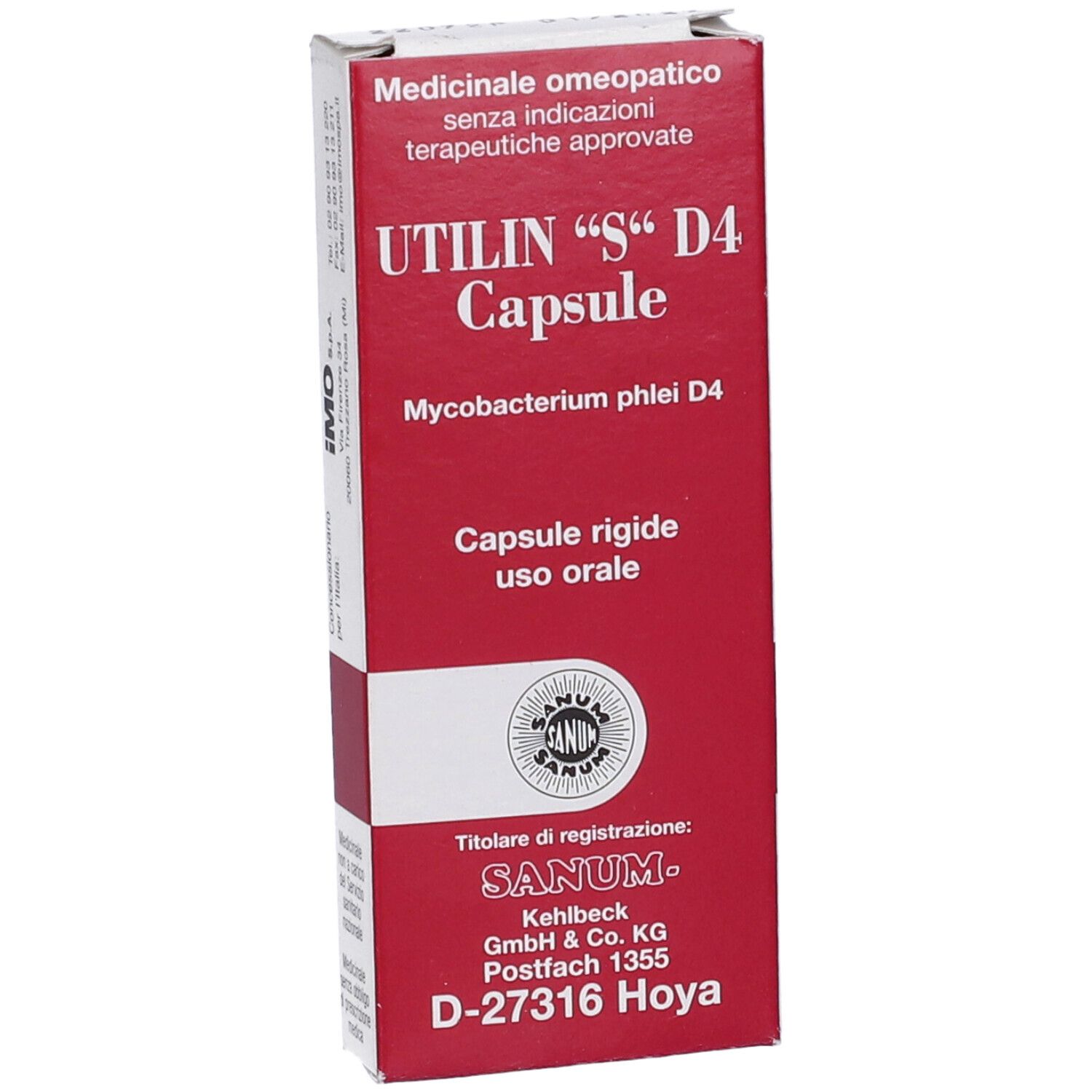 Scatola rossa e bianca con scritta "UTILIN S D4 Capsule". Logo Sanum e testo.