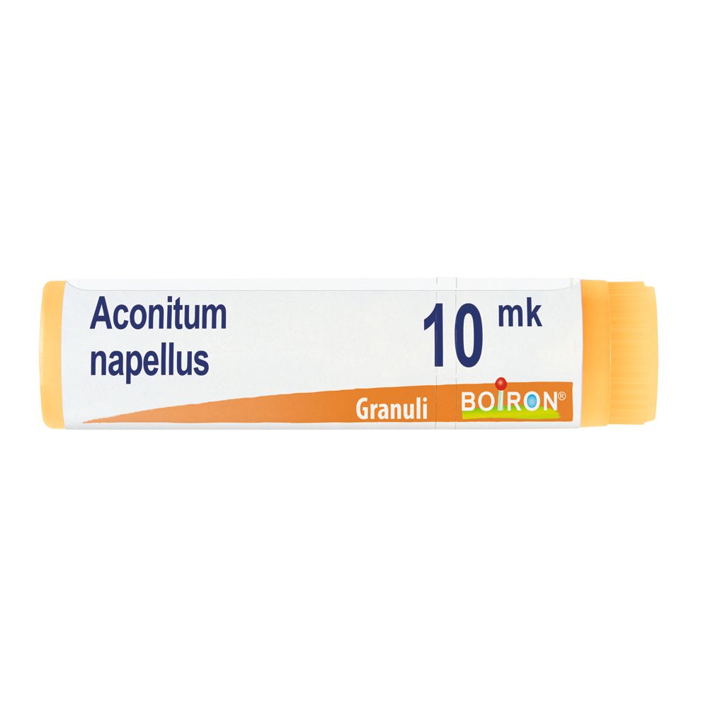 Confezione cilindrica con Aconitum napellus, 10 mk, BOIRON. Estremità arancioni.
