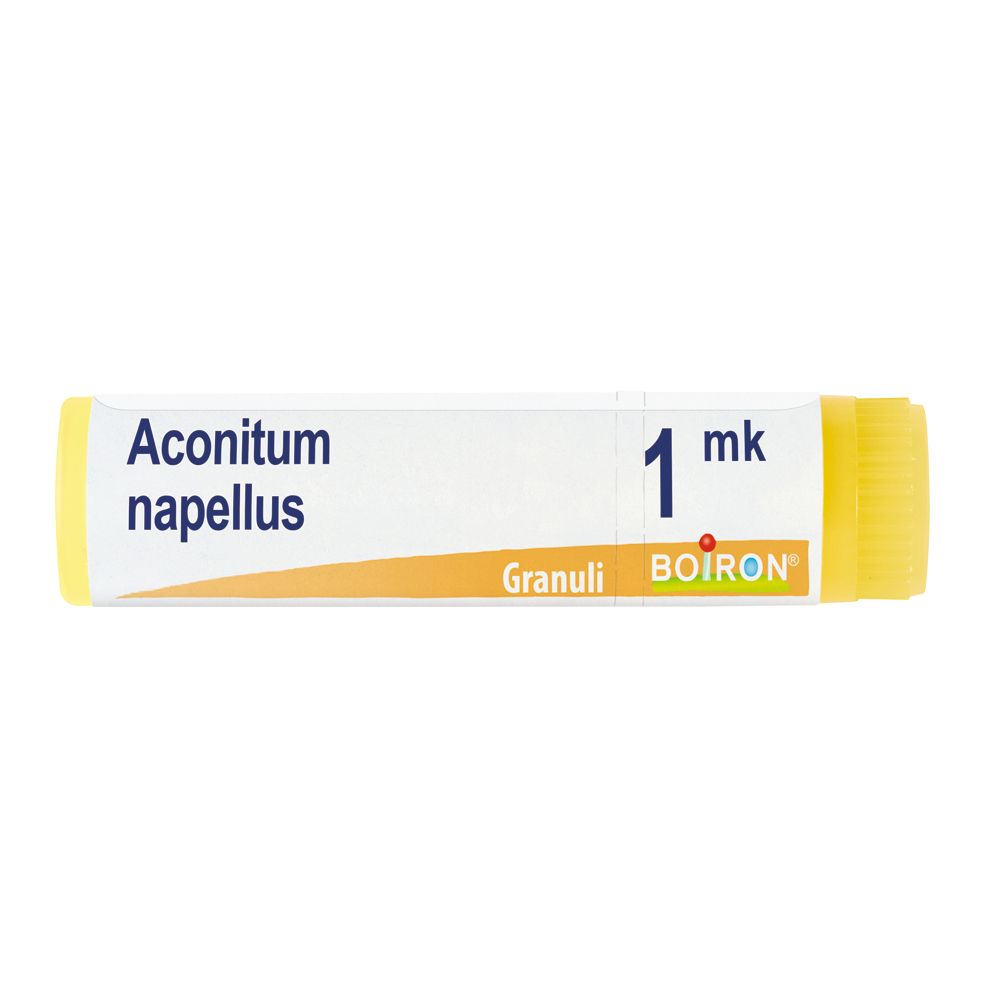 Confezione cilindrica con tappo giallo. Scritta: Aconitum napellus, 1 mk, Granuli, BOIRON.