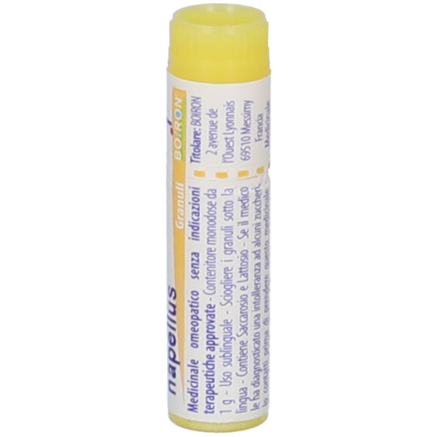 Confezione cilindrica. Scritta: Aconitum napellus, BOIRON, Granuli, Medicinale.