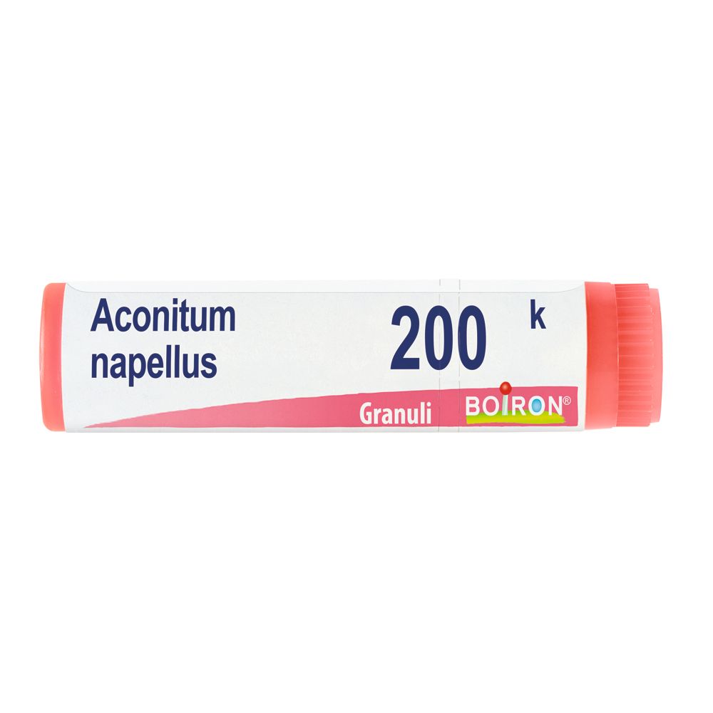 Confezione cilindrica di Aconitum napellus 200K Globuli. Tappo rosso, corpo bianco con testo e logo.