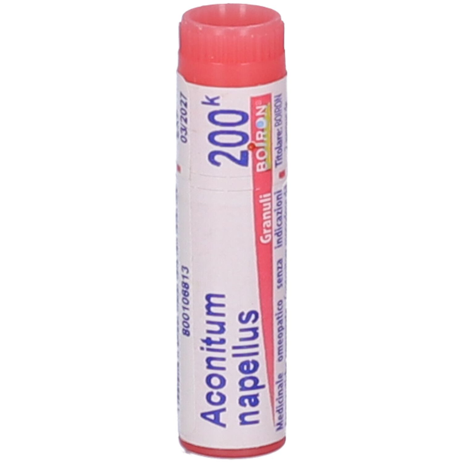 Confezione cilindrica Aconitum napellus 200K Globuli. Tappo rosso, corpo bianco con testo e logo. Scadenza.