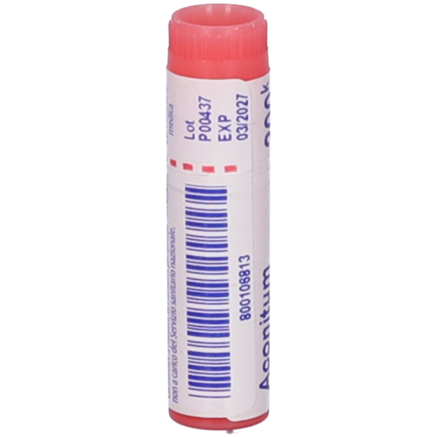 Confezione cilindrica Aconitum napellus 200K Globuli. Tappo rosso, corpo bianco con testo e logo. Numero di lotto.