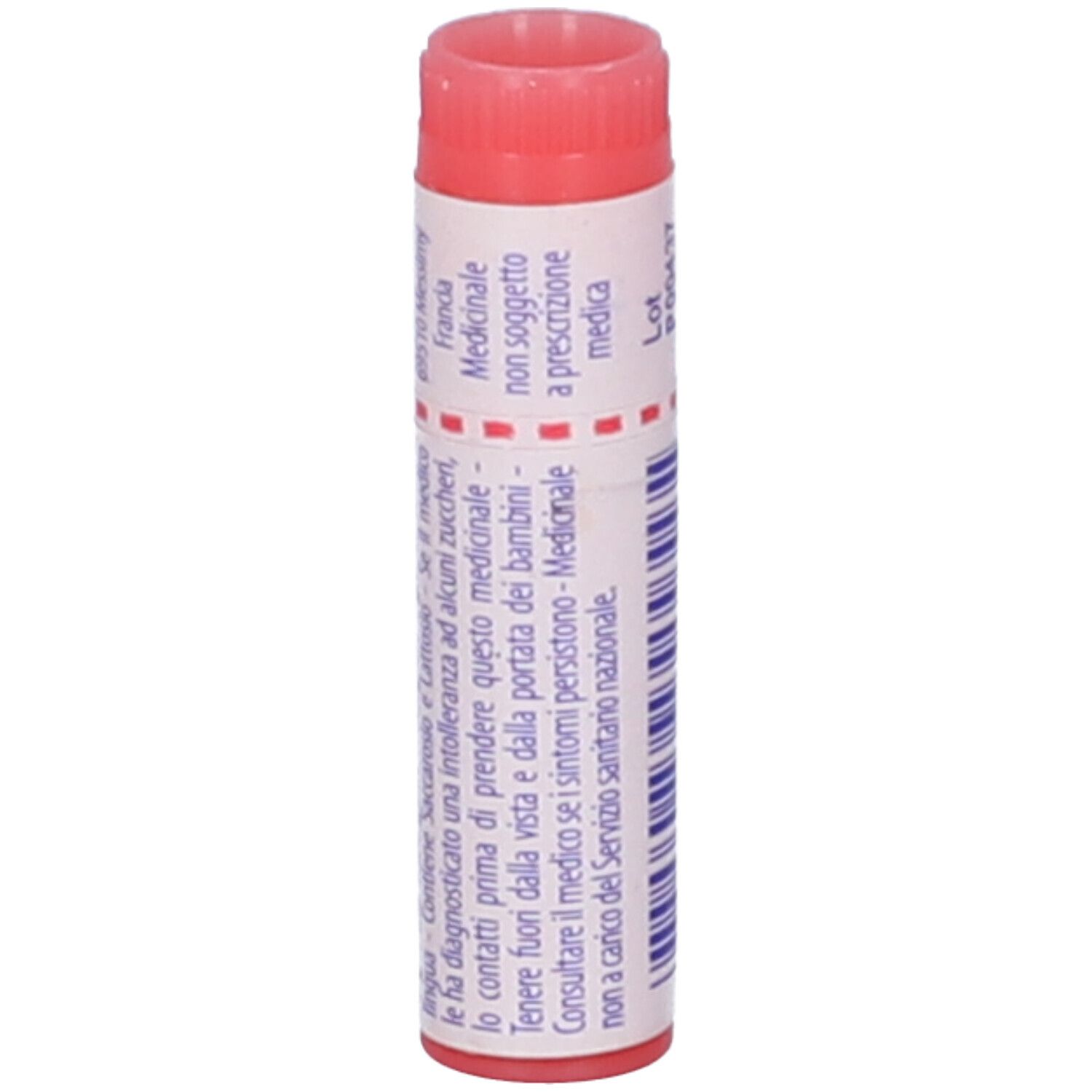 Confezione cilindrica Aconitum napellus 200K Globuli. Tappo rosso, corpo bianco con testo e logo. Informazioni.