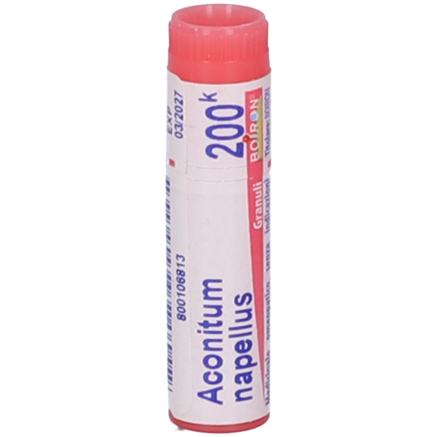 Confezione cilindrica Aconitum napellus 200K Globuli. Tappo rosso, corpo bianco con testo e logo. Scadenza.
