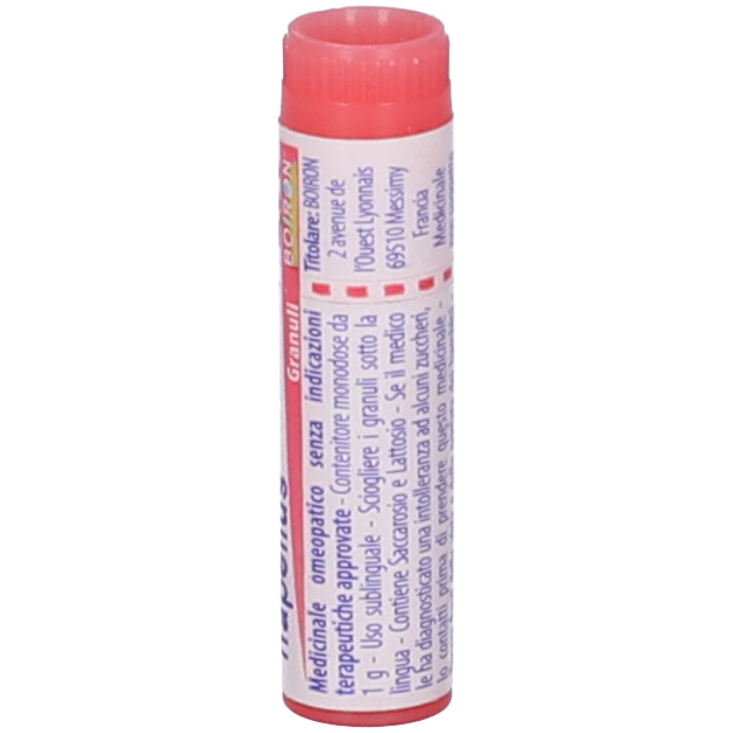 Confezione cilindrica Aconitum napellus 200K Globuli. Tappo rosso, corpo bianco con testo e logo. Informazioni.