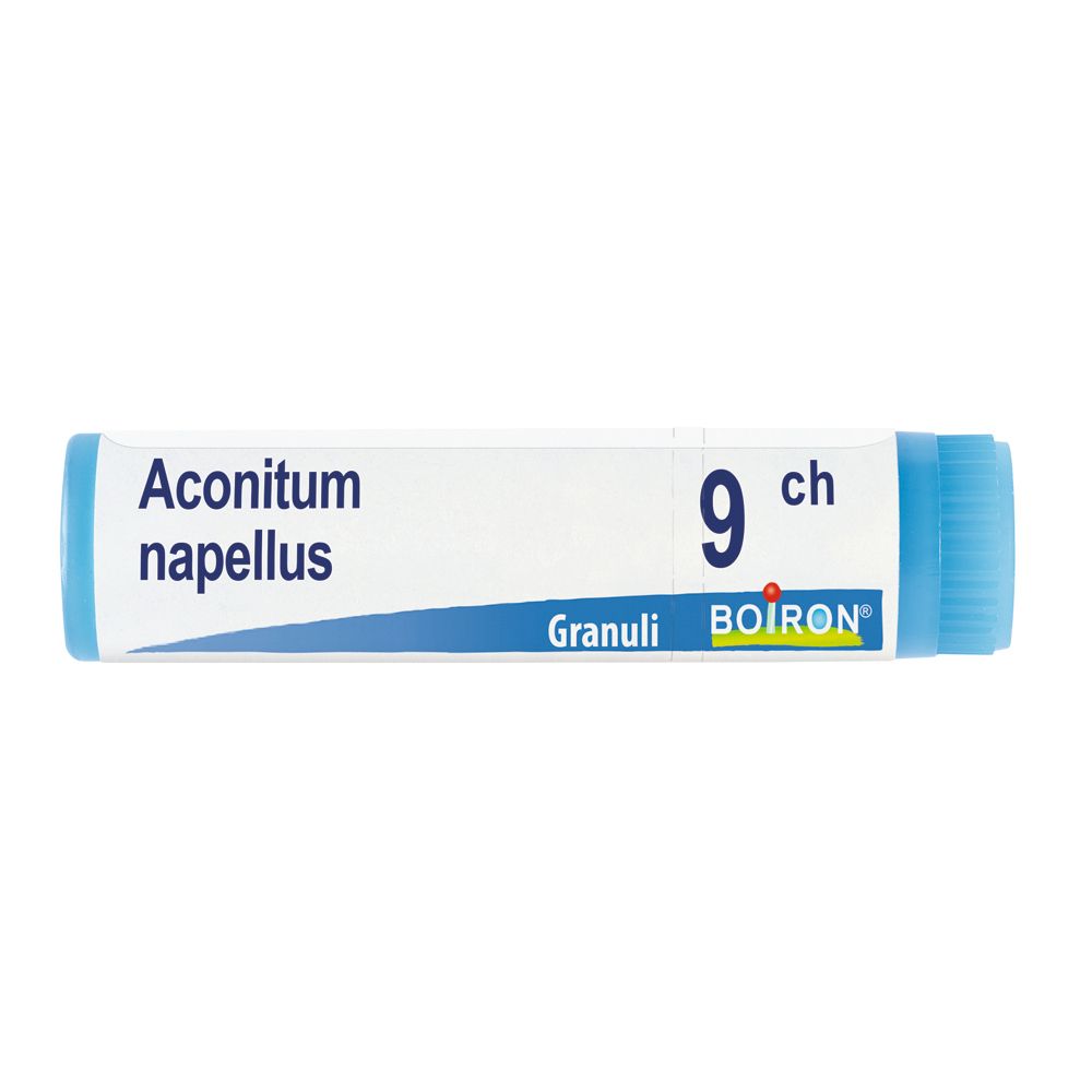 Confezione cilindrica con tappo blu. Scritta: Aconitum napellus 9 ch, Granuli, Boiron.