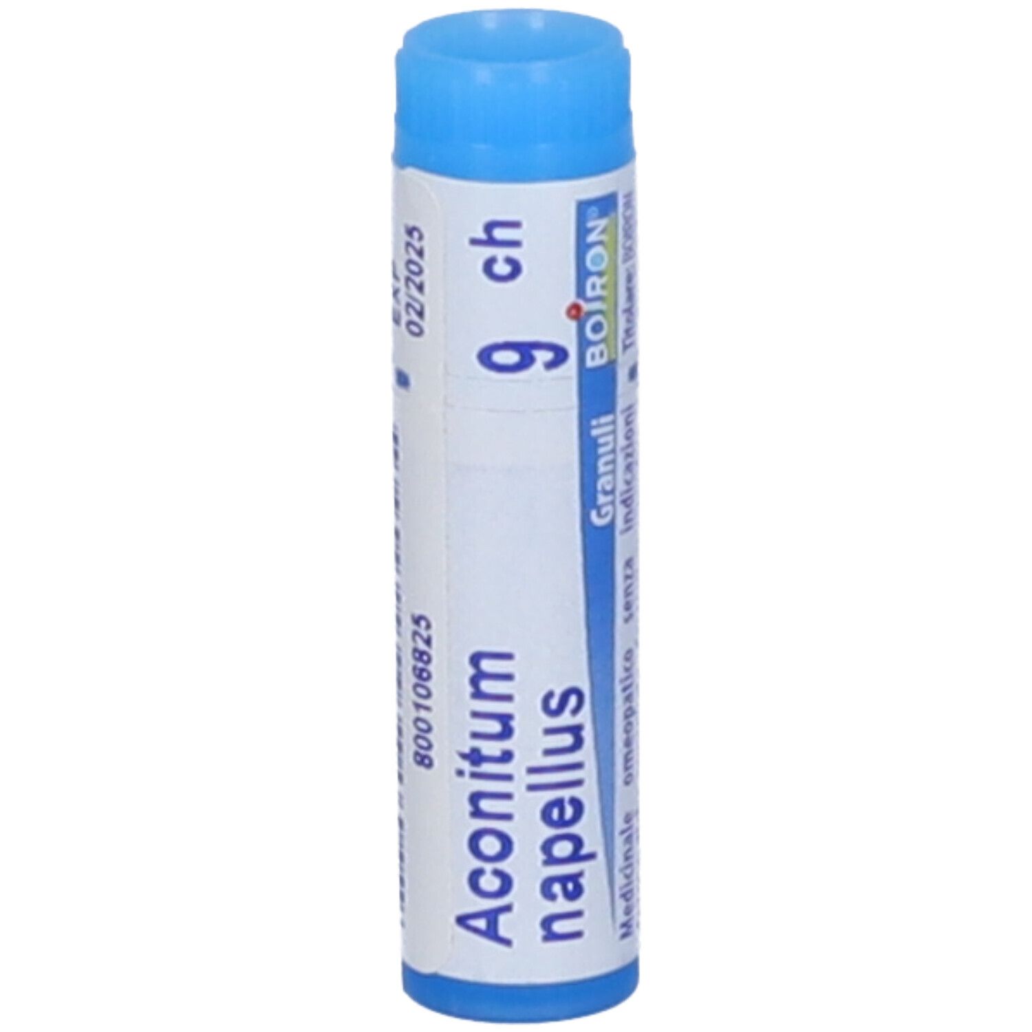 Confezione cilindrica con tappo blu. Scritta: Aconitum napellus 9 ch, Granuli, Boiron. Scadenza 02/2025.