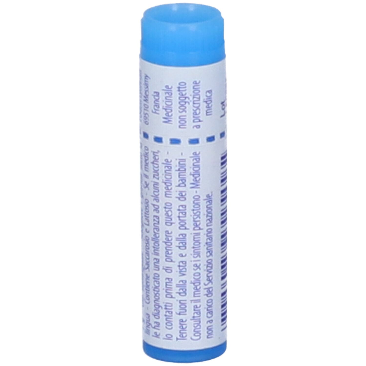 Confezione cilindrica con tappo blu. Retro con testo. Non soggetto a prescrizione. Prodotto in Francia.