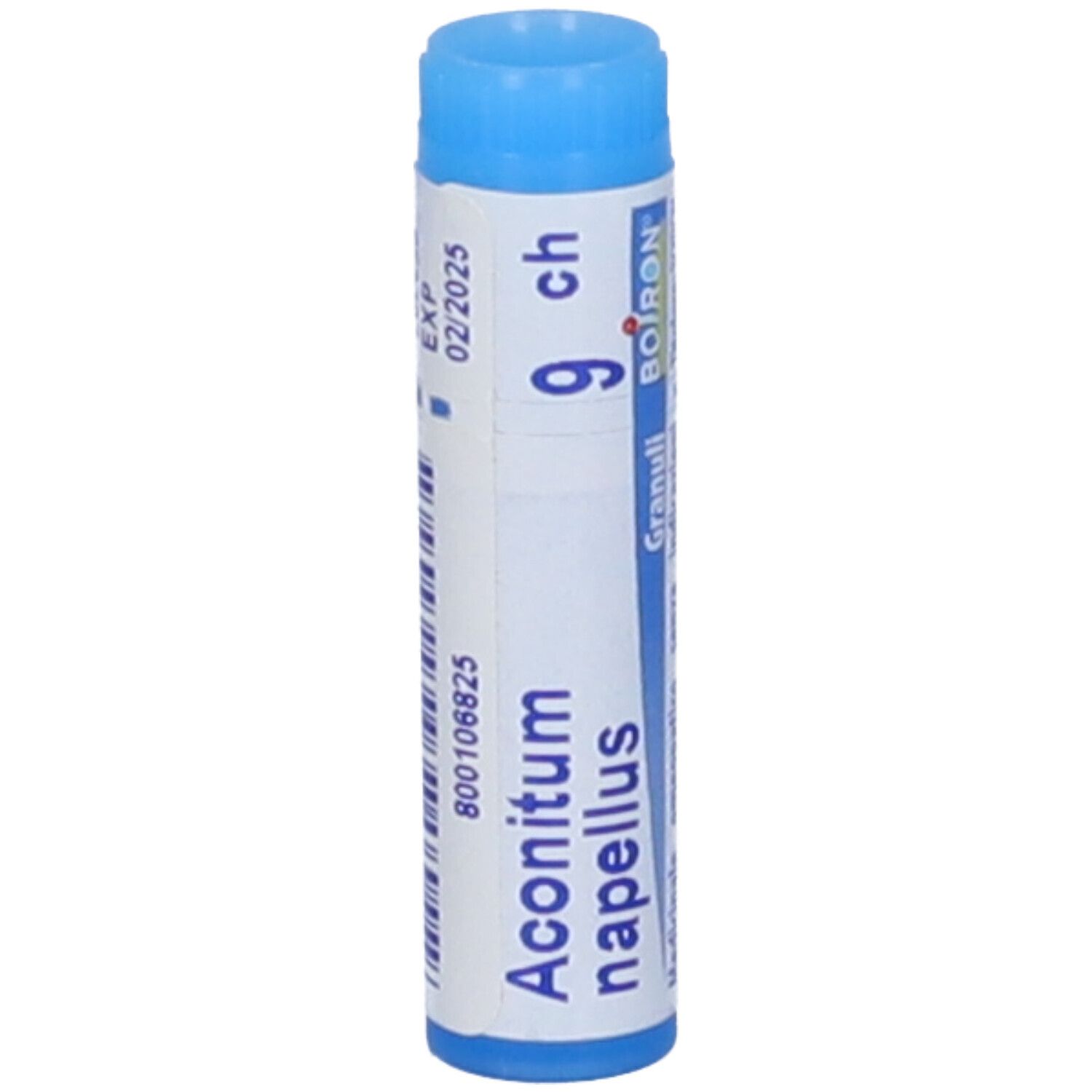 Confezione cilindrica con tappo blu. Scritta: Aconitum napellus 9 ch, Granuli, Boiron. Scadenza 02/2025.