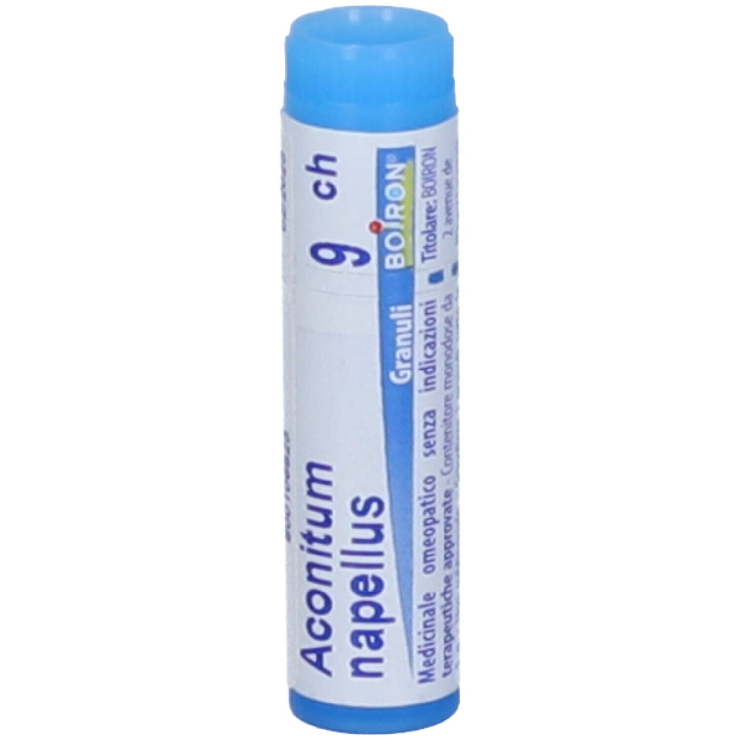 Confezione cilindrica con tappo blu. Scritta: Aconitum napellus 9 ch, Granuli, Boiron. Medicinale.