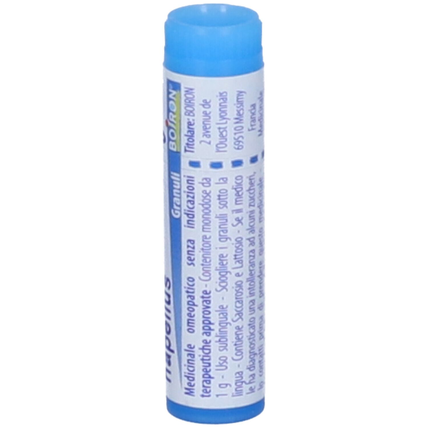 Confezione cilindrica con tappo blu. Scritta: Aconitum napellus 9 ch, Granuli, Boiron. Medicinale. Indirizzo.