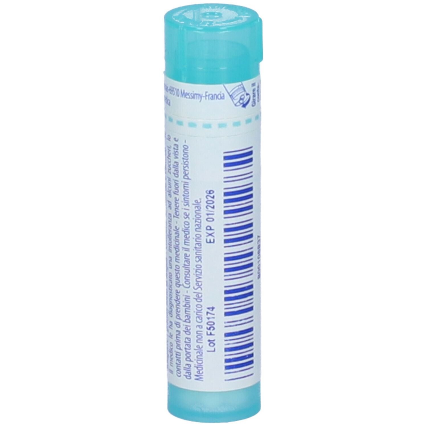Confezione cilindrica. Tappo blu, etichetta bianca con testo. Scadenza 01/2026. Marchio Boiron. Granuli.