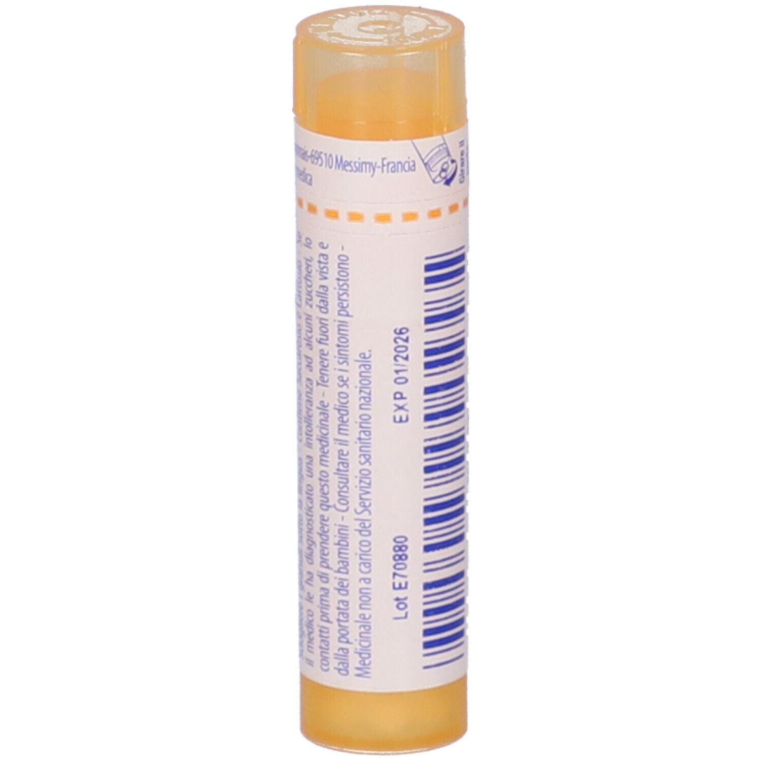 Tubo di granuli giallo, verticale. Scritta: EXP 01/2026, Lot E70880.