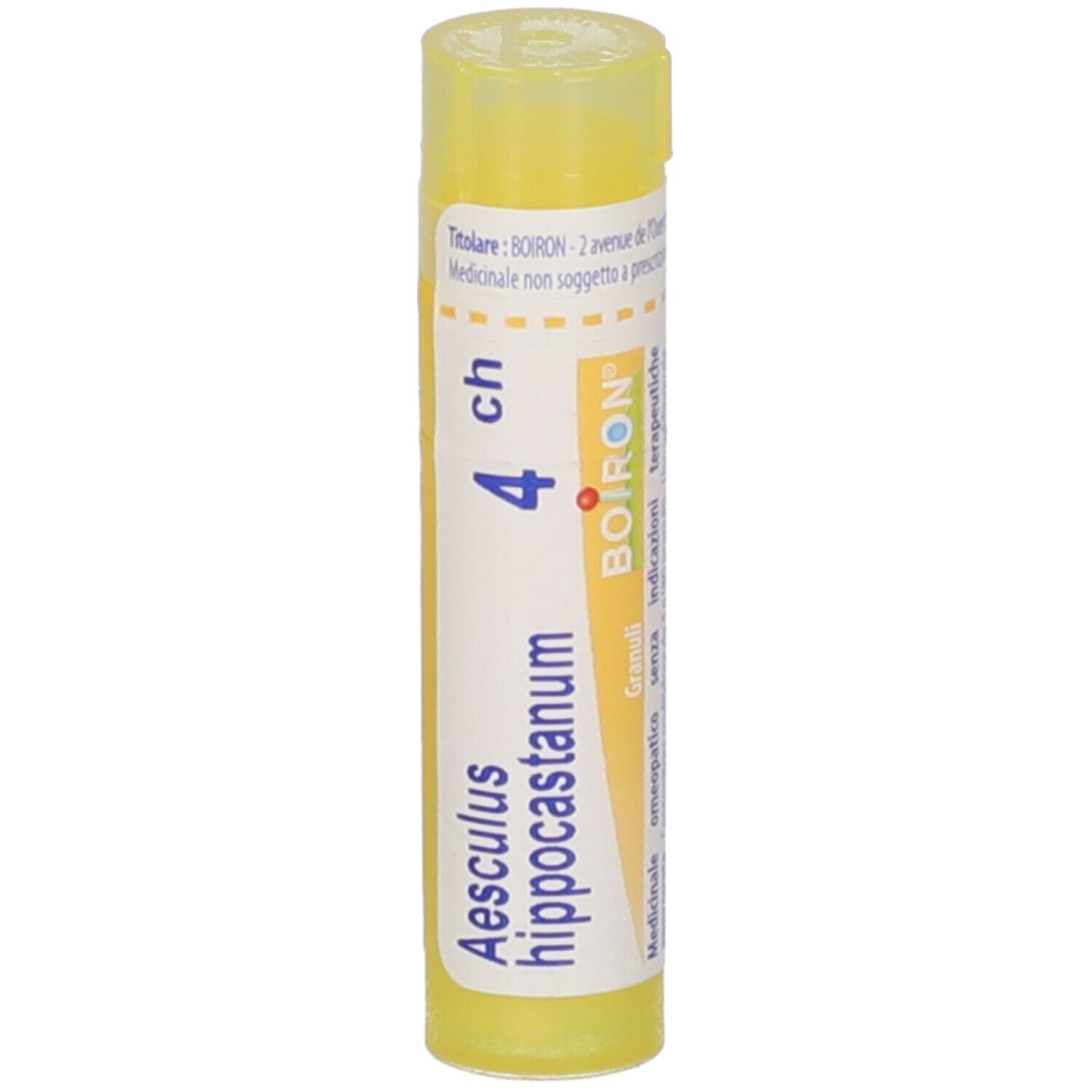 Tubo giallo con scritta Aesculus hippocastanum 4 ch e logo BOIRON.