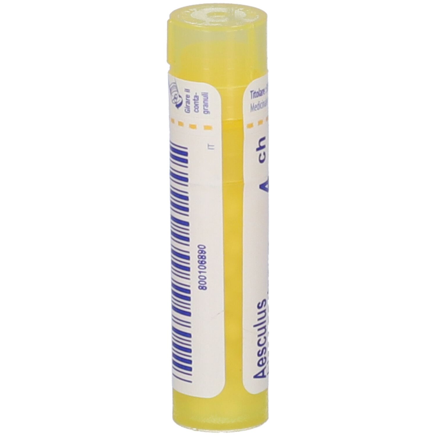 Tubo giallo con codice a barre e scritta. Informazioni sul prodotto sul retro.