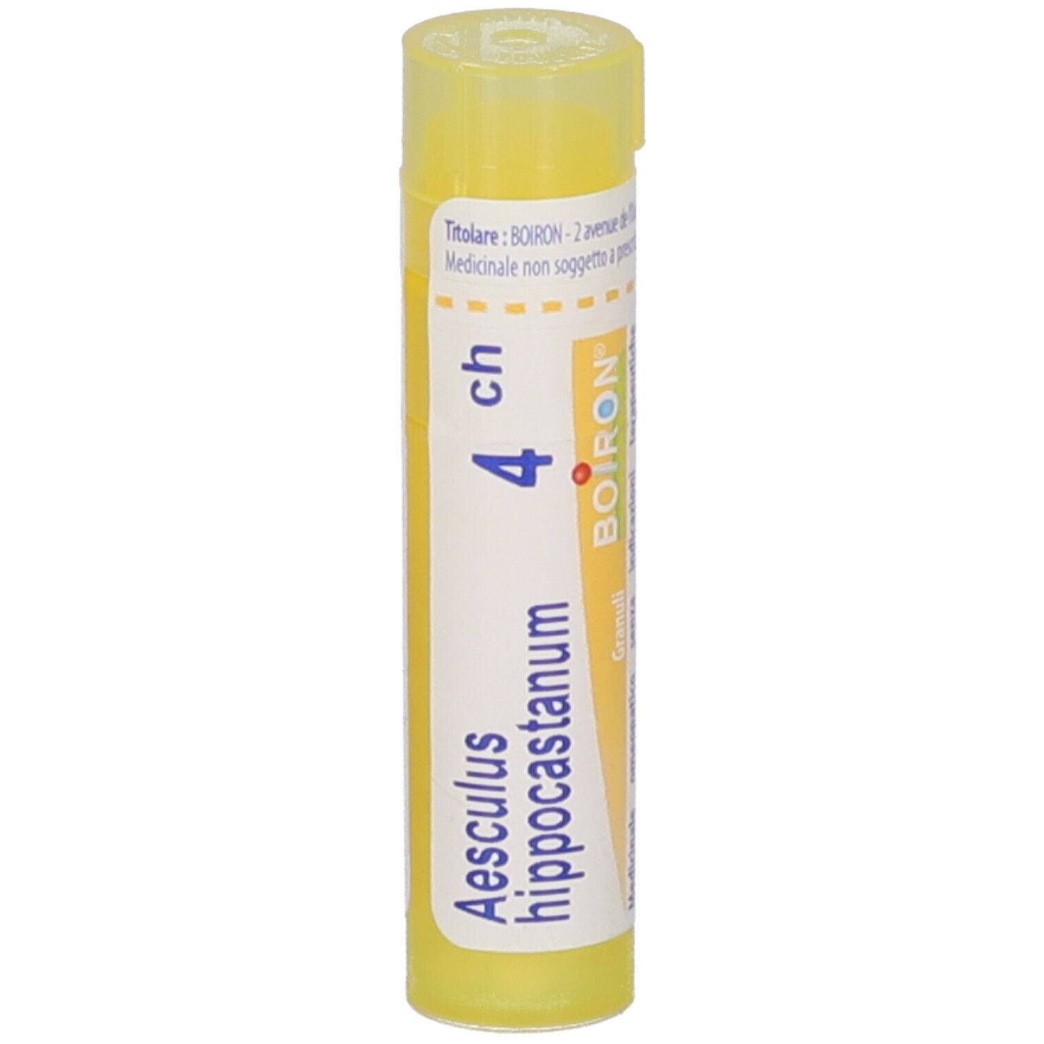 Tubo giallo con scritta Aesculus hippocastanum 4 ch e logo BOIRON.