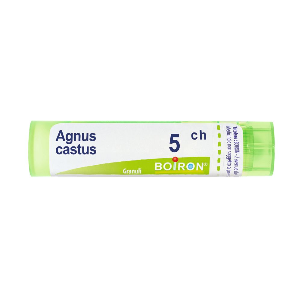Tubo verde con etichetta bianca. Scritta: Agnus castus, 5 ch, Granuli, BOIRON. Prodotto farmaceutico.