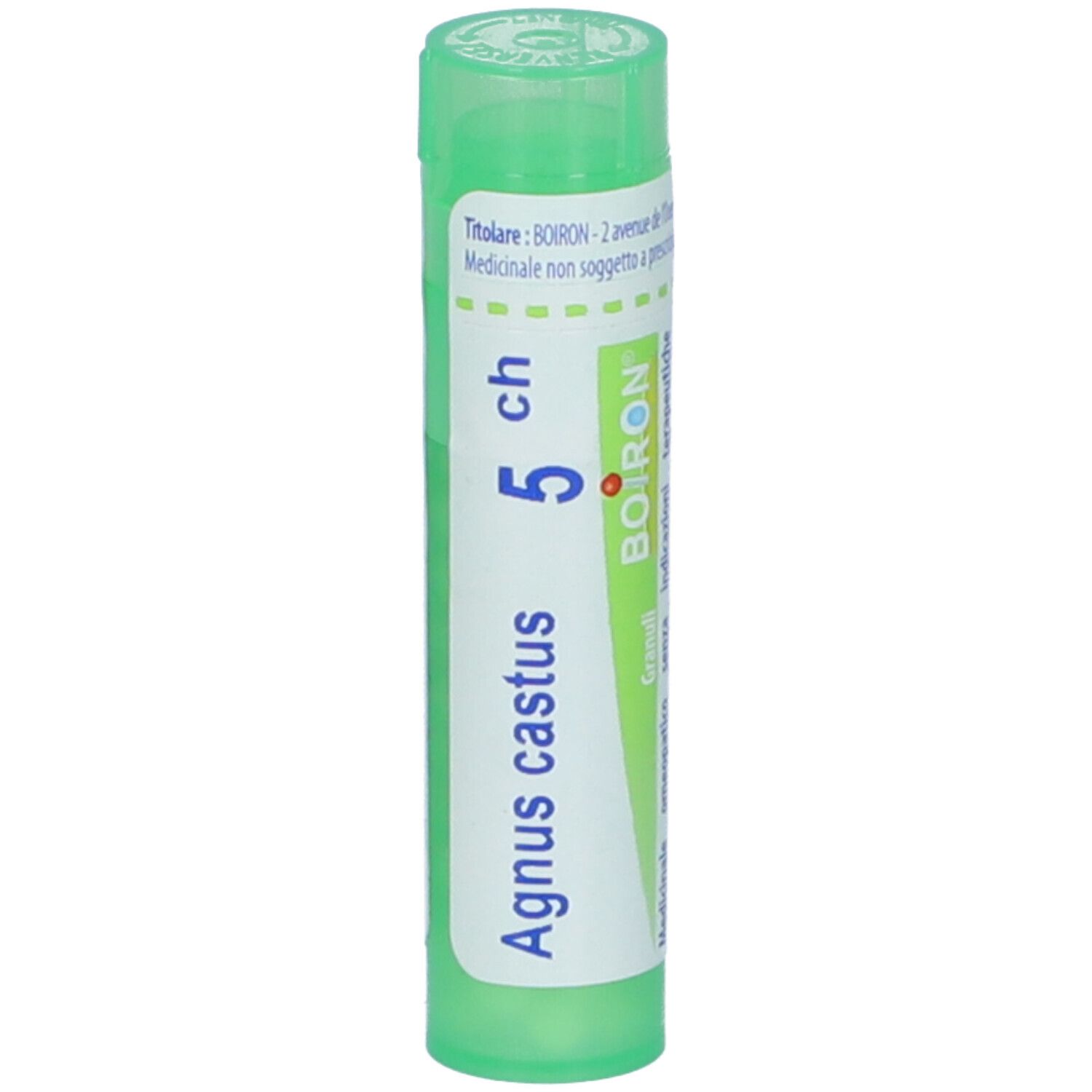 Tubo verde con etichetta bianca. Scritta: Agnus castus, 5 ch, BOIRON. Prodotto farmaceutico.
