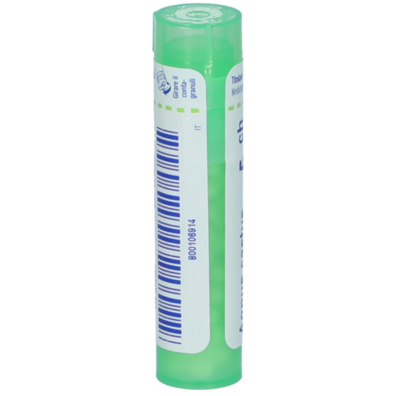 Tubo verde con etichetta bianca e codice a barre. Scritta: Agnus castus, 5 ch. Prodotto farmaceutico.