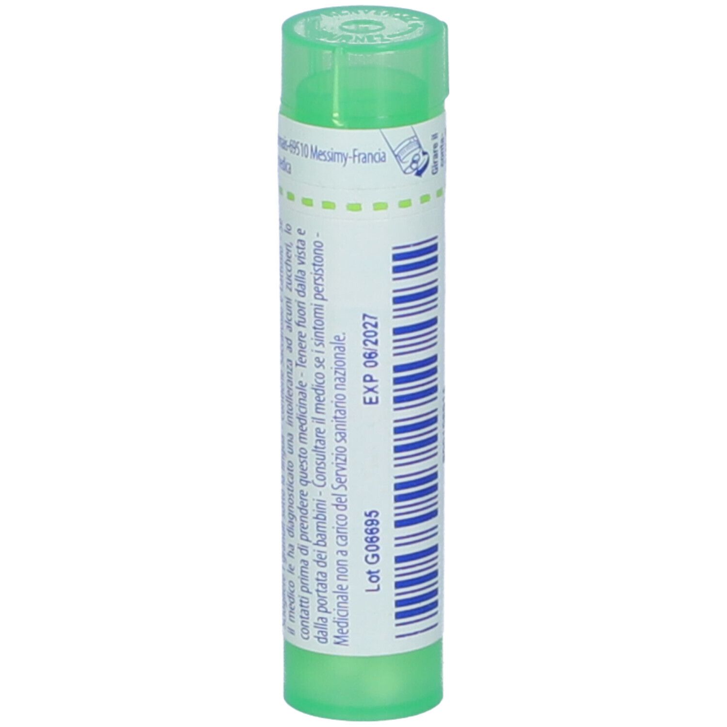 Tubo verde con etichetta bianca. Scritta: EXP 06/2027. Prodotto farmaceutico.