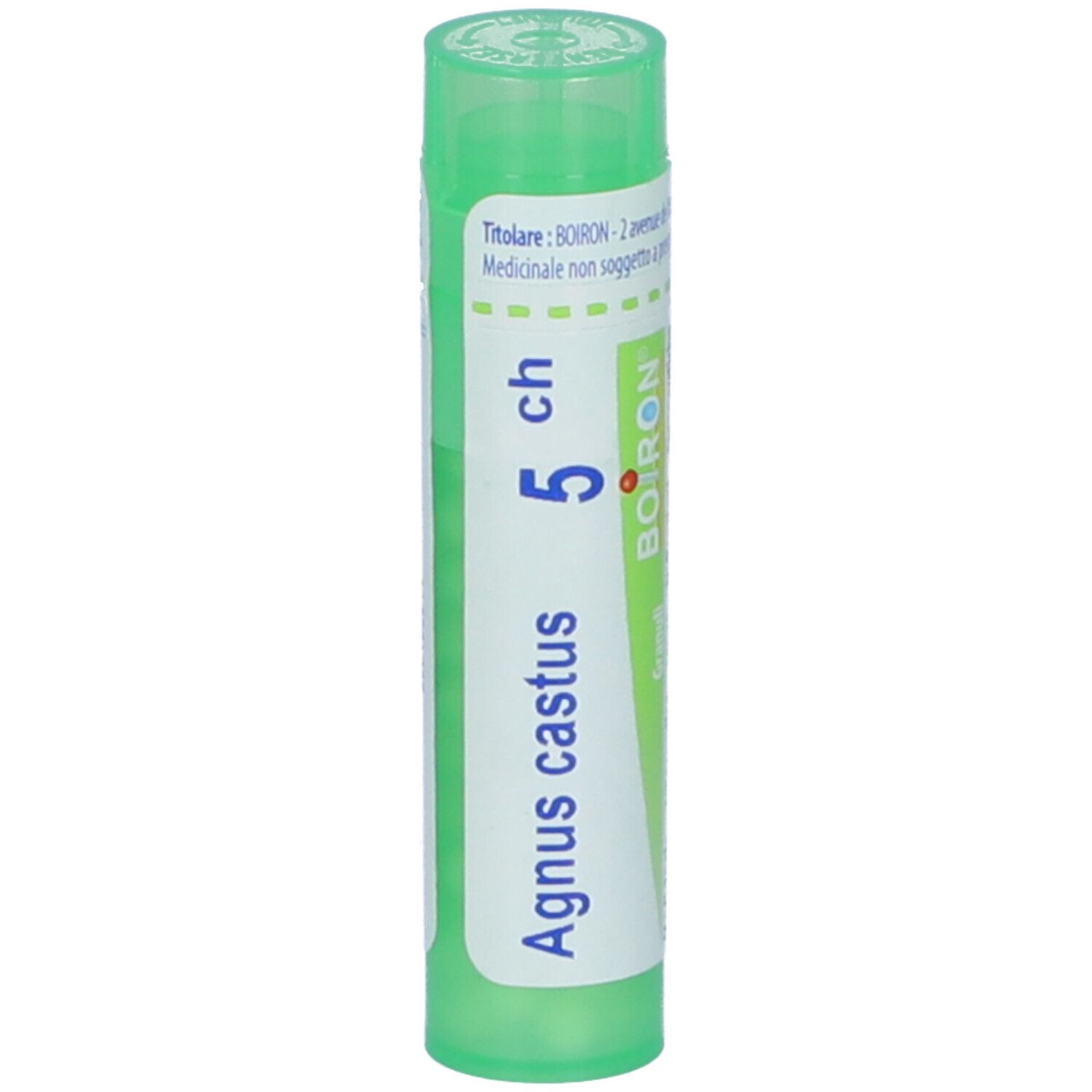 Tubo verde con etichetta bianca. Scritta: Agnus castus, 5 ch, BOIRON. Prodotto farmaceutico.
