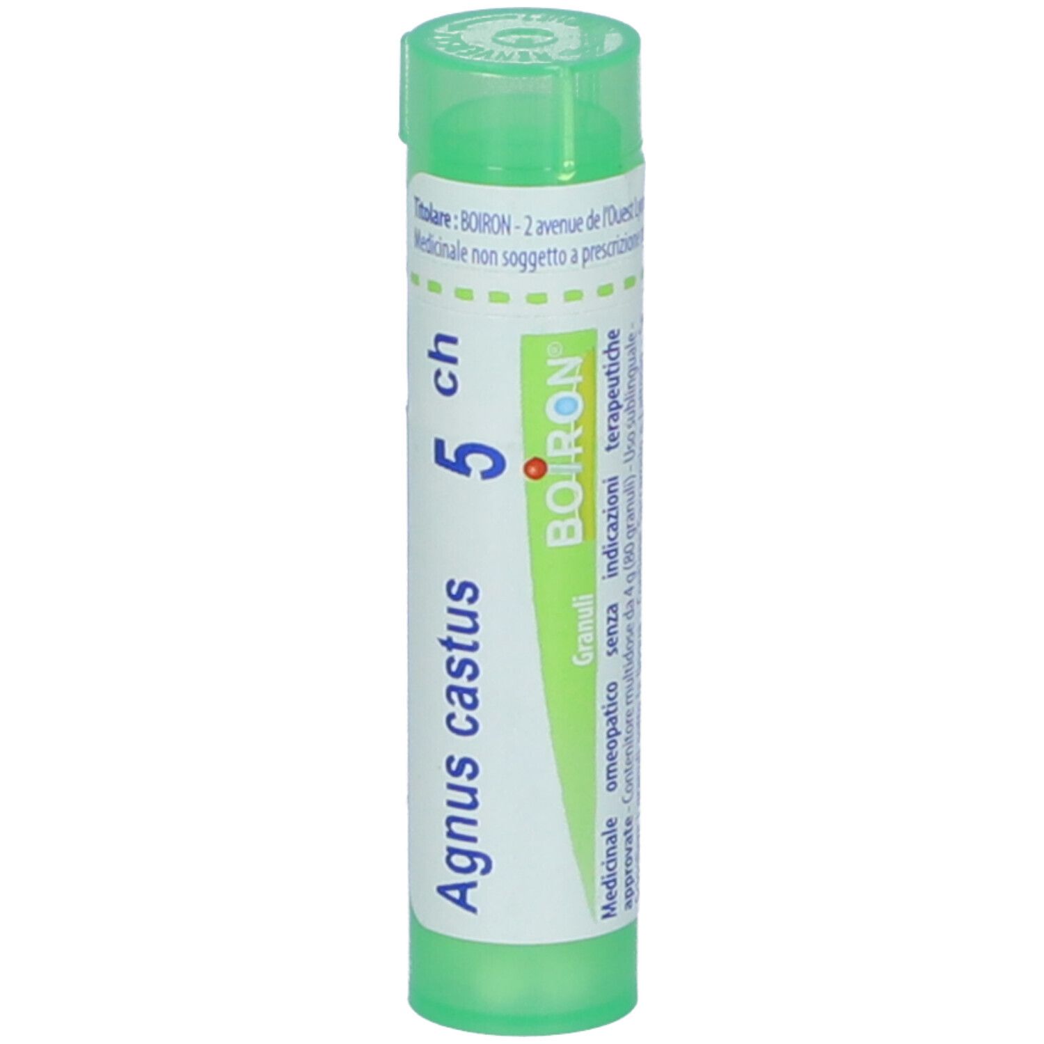Tubo verde con etichetta bianca. Scritta: Agnus castus, 5 ch, BOIRON. Prodotto farmaceutico.