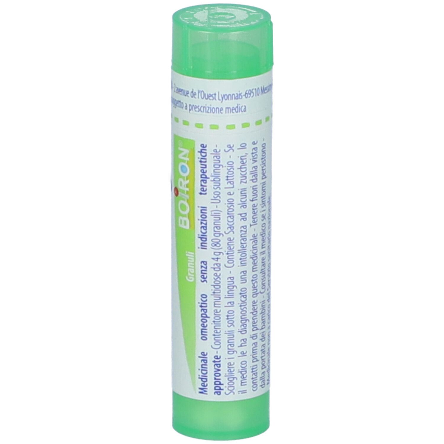 Tubo verde con etichetta bianca. Scritta: BOIRON, Granuli, indicazioni terapeutiche. Prodotto farmaceutico.
