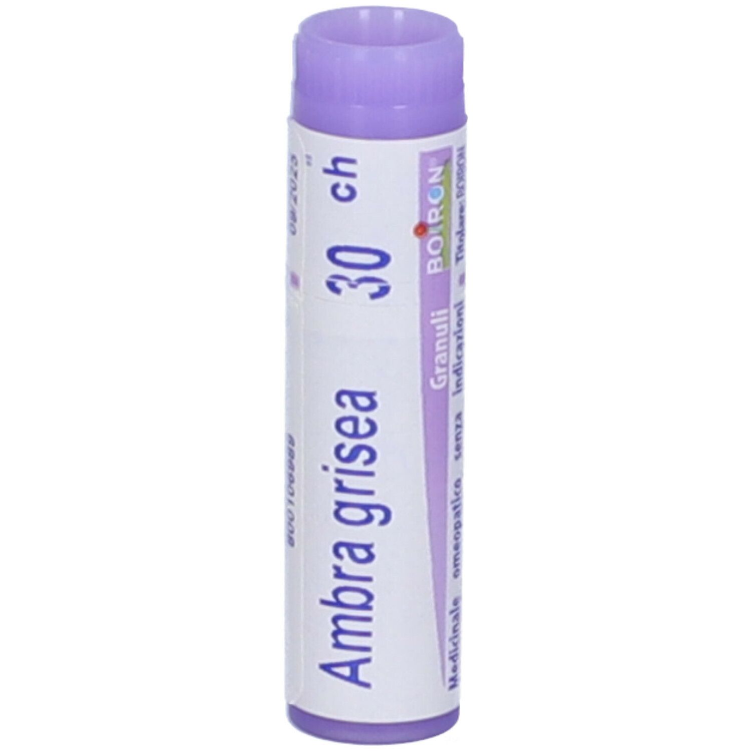 Confezione cilindrica con tappo viola. Scritta: Ambra grisea 30 ch, Granuli, Boiron.