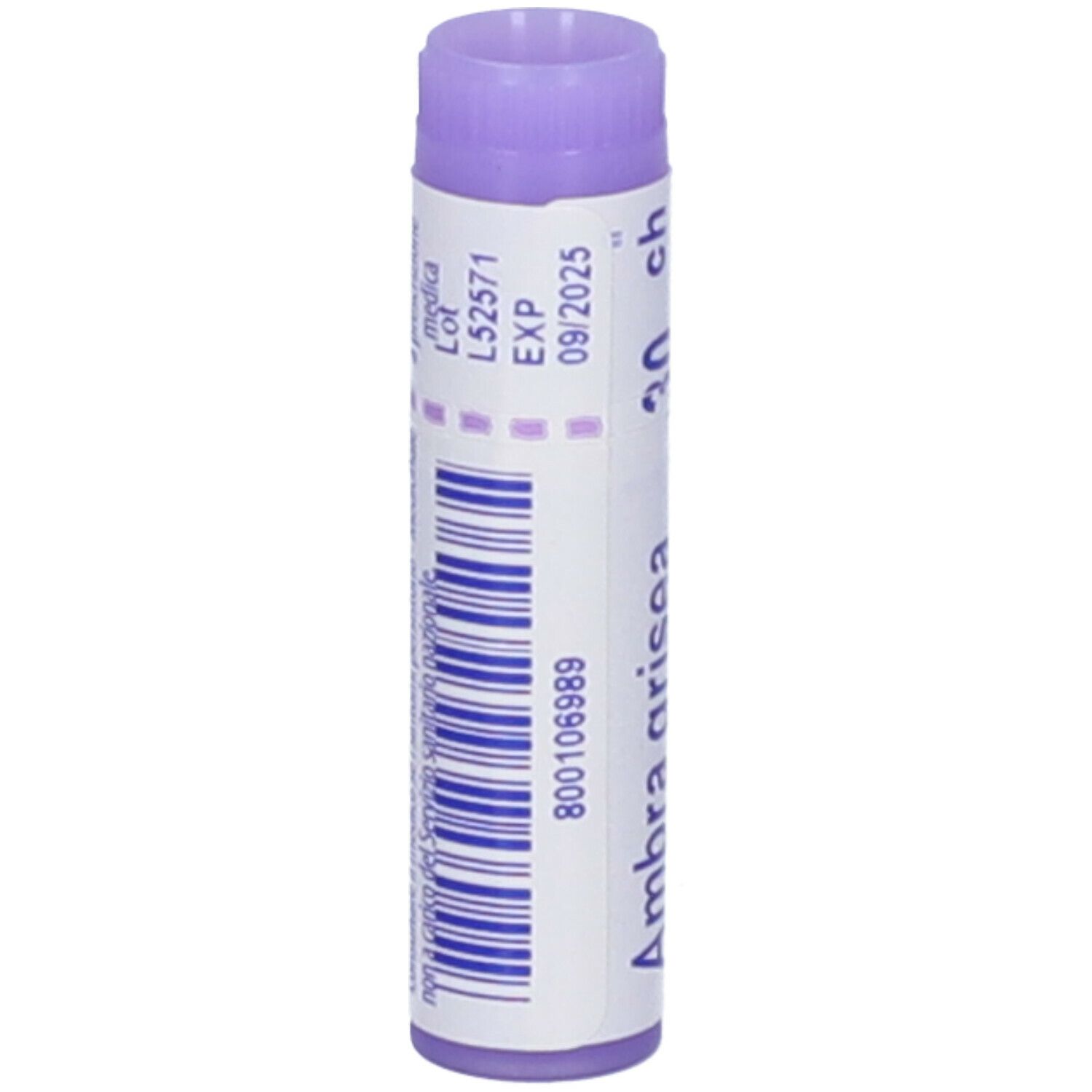 Confezione cilindrica con tappo viola. Scritta: Ambra grisea 30 ch, Granuli, Boiron. Con data di scadenza.